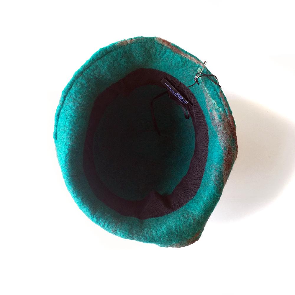 1920s Style Brown Felted Cloche with Emerald Green Brim - inside view