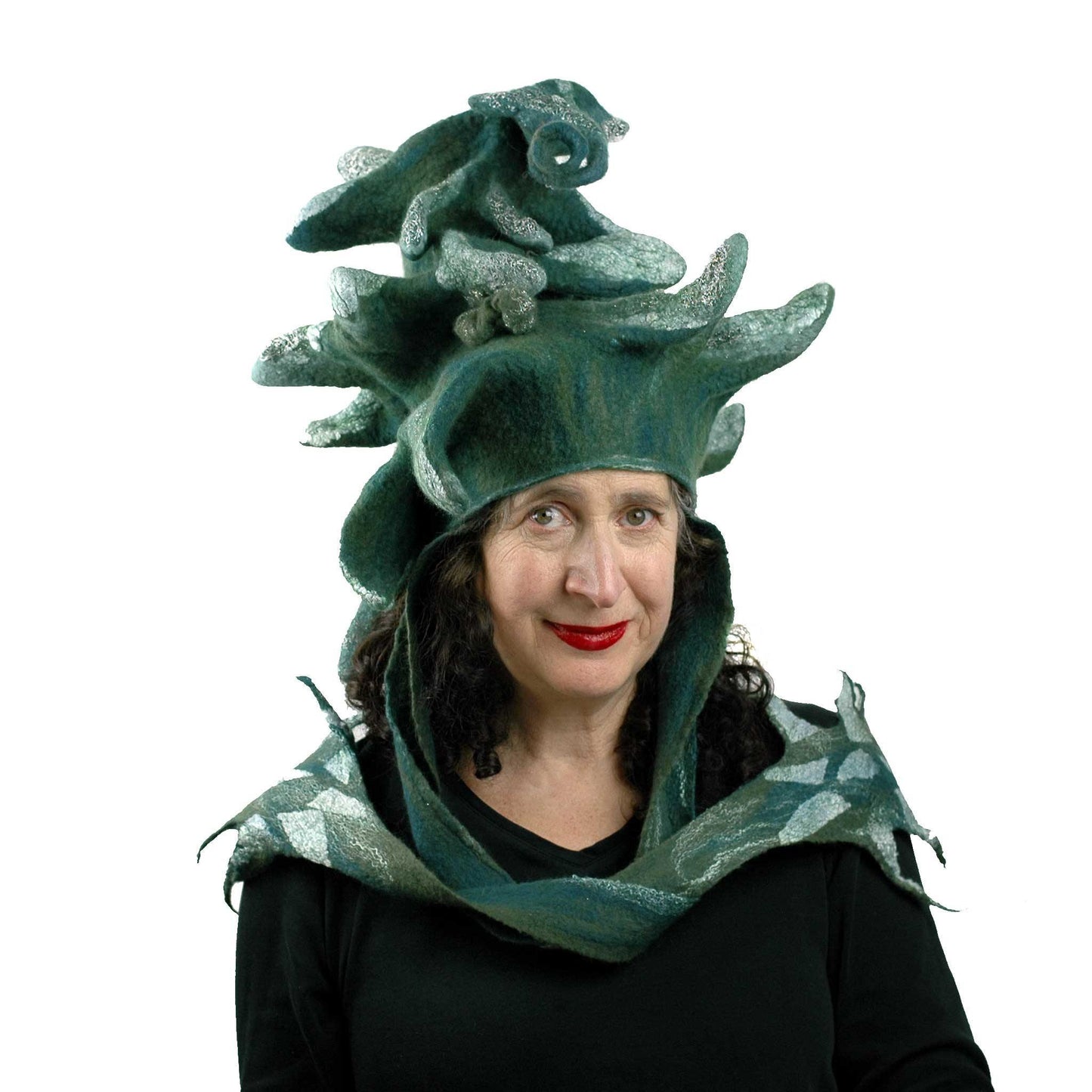 Fairytale Green and White Felted Pine Tree Hat with Scarf Ties - front view