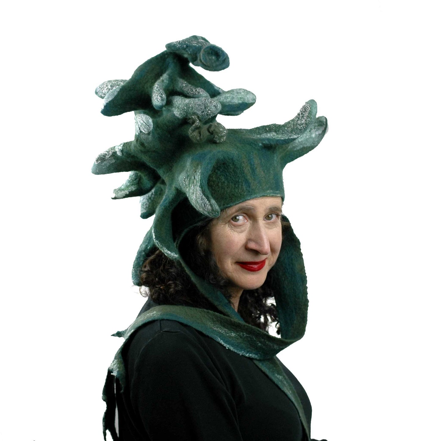 Fairytale Green and White Felted Pine Tree Hat with Scarf Ties - FeltHappiness Hats