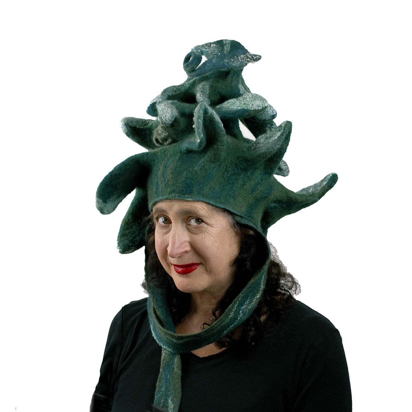 Fairytale Green and White Felted Pine Tree Hat with Scarf Ties - threequarters view