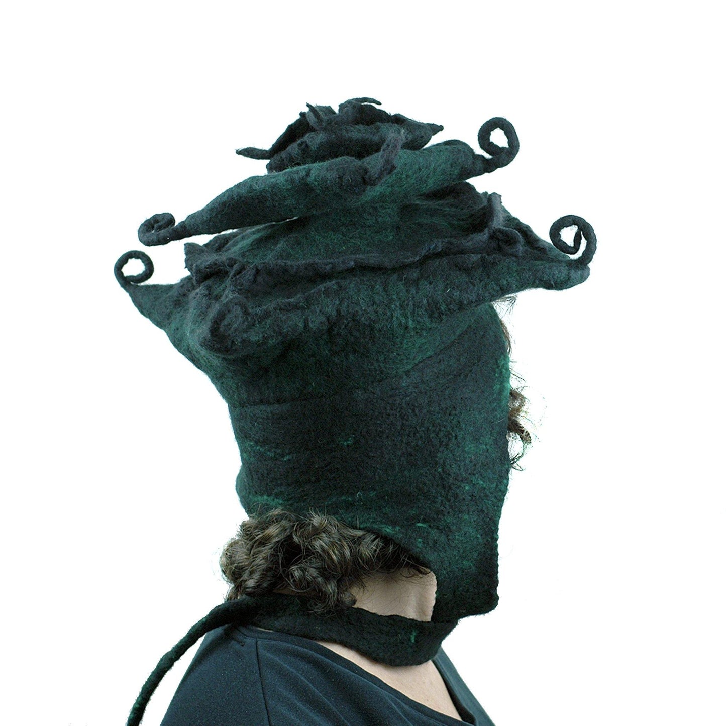 Fantasy Felted Pagoda Hat with Corner Curlicues - back view