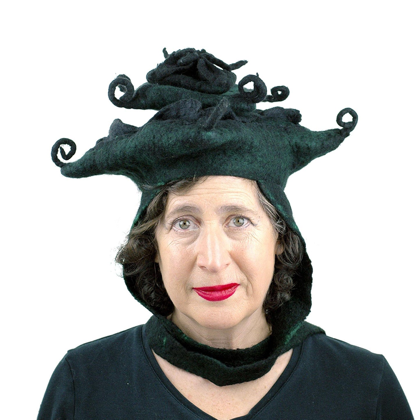 Fantasy Felted Pagoda Hat with Corner Curlicues - front view