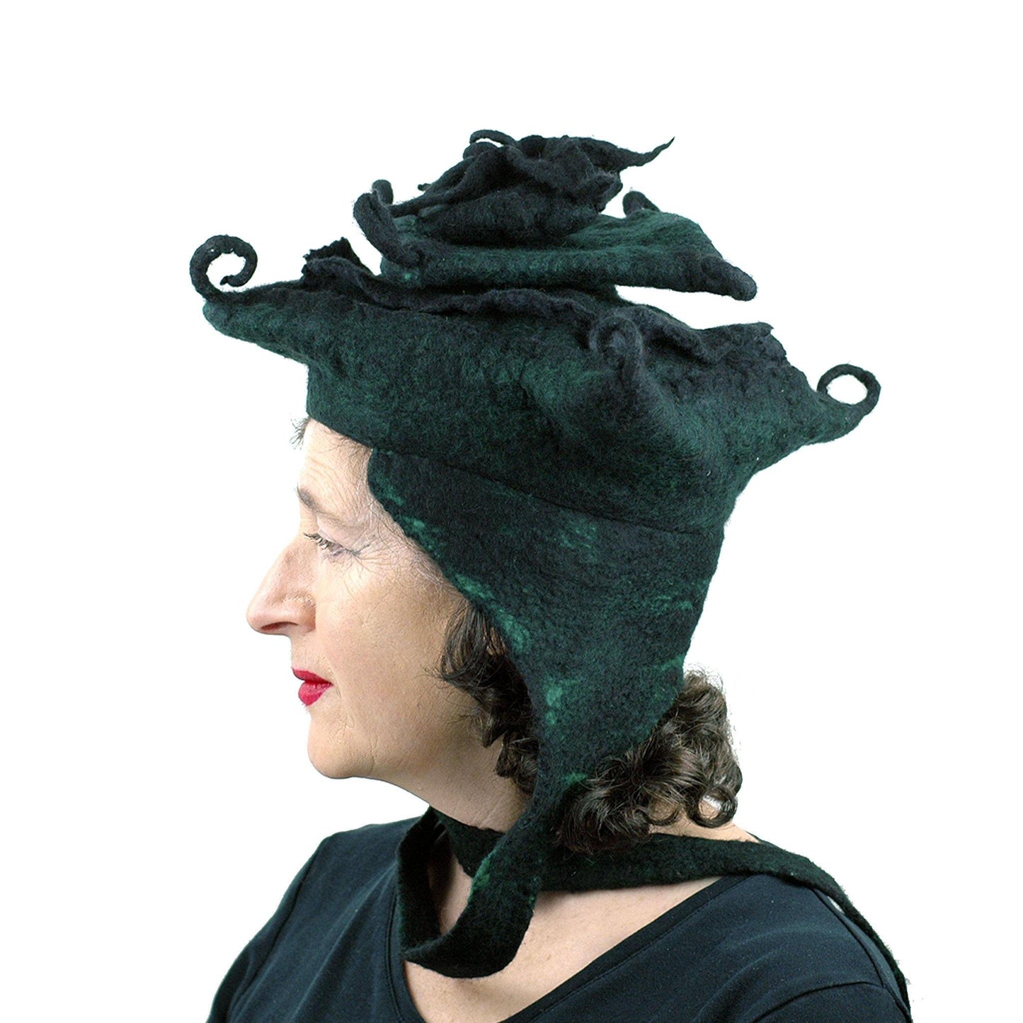 Fantasy Felted Pagoda Hat with Corner Curlicues - side view