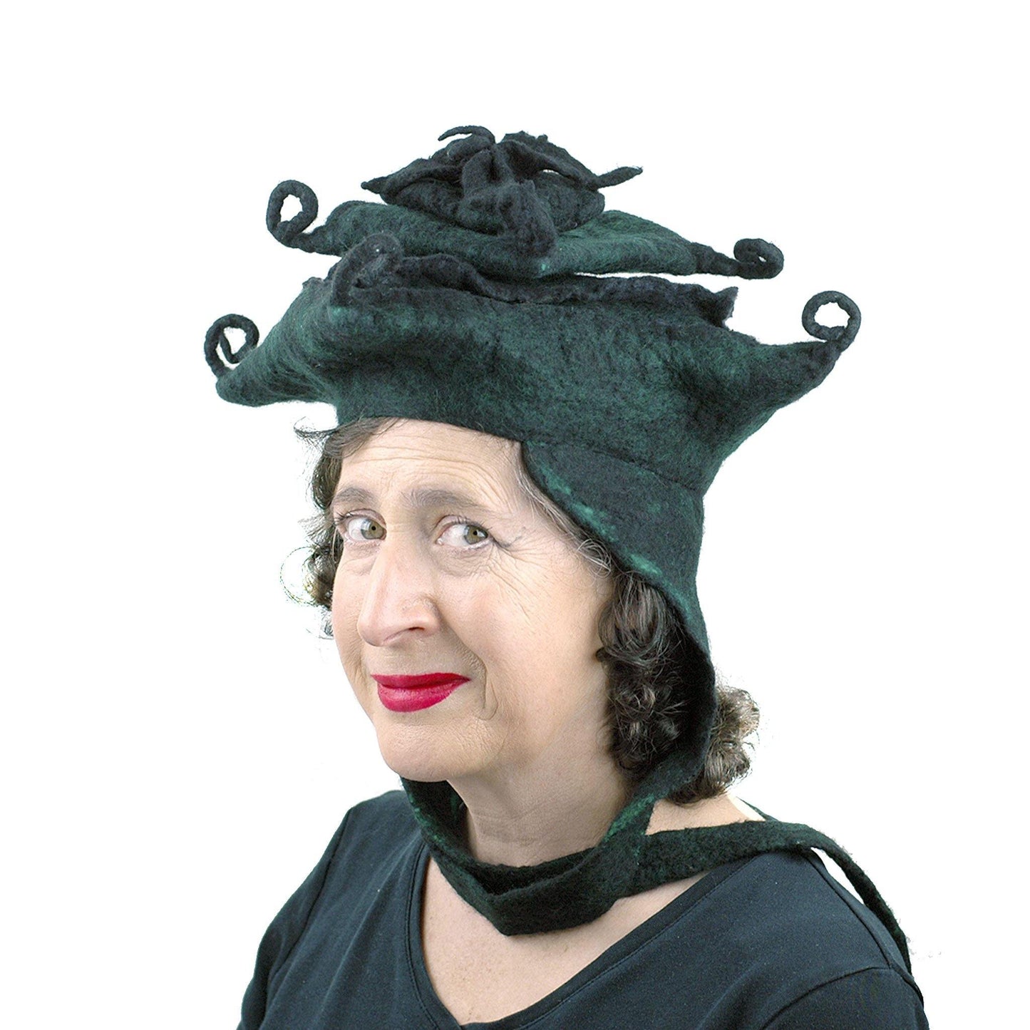 Fantasy Felted Pagoda Hat with Corner Curlicues - threequarters view