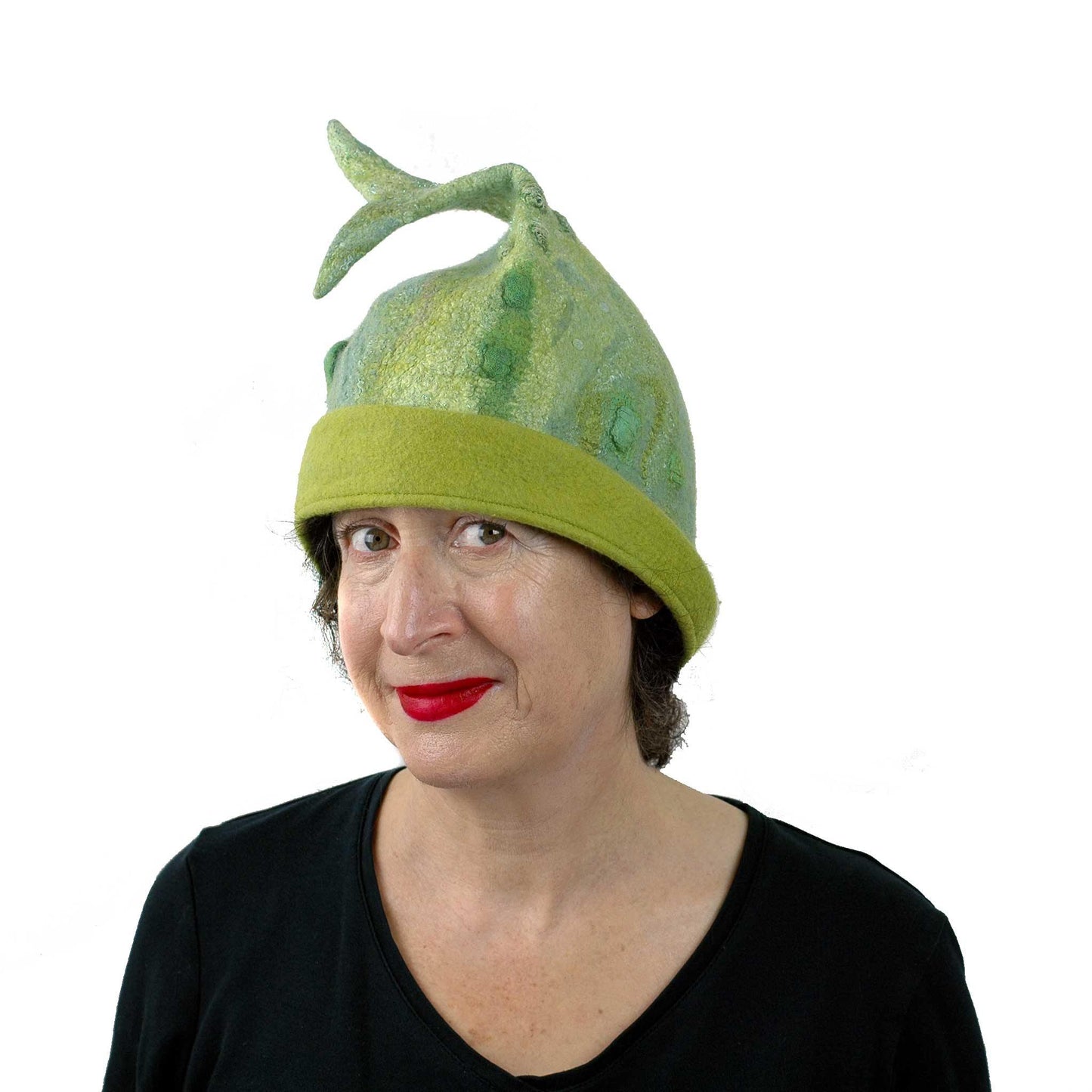 Felted Beanie Hat in Lime Green Wool - Large Size - threequarters view