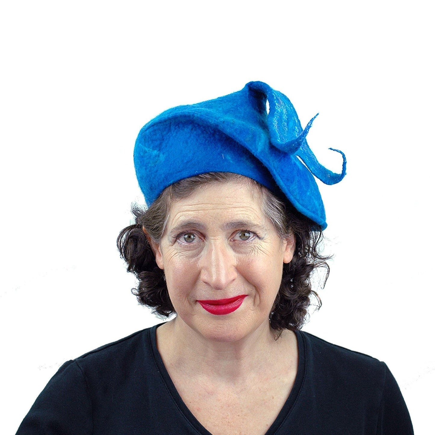 Felted Blue Beret with Fishtail Bobble - front view