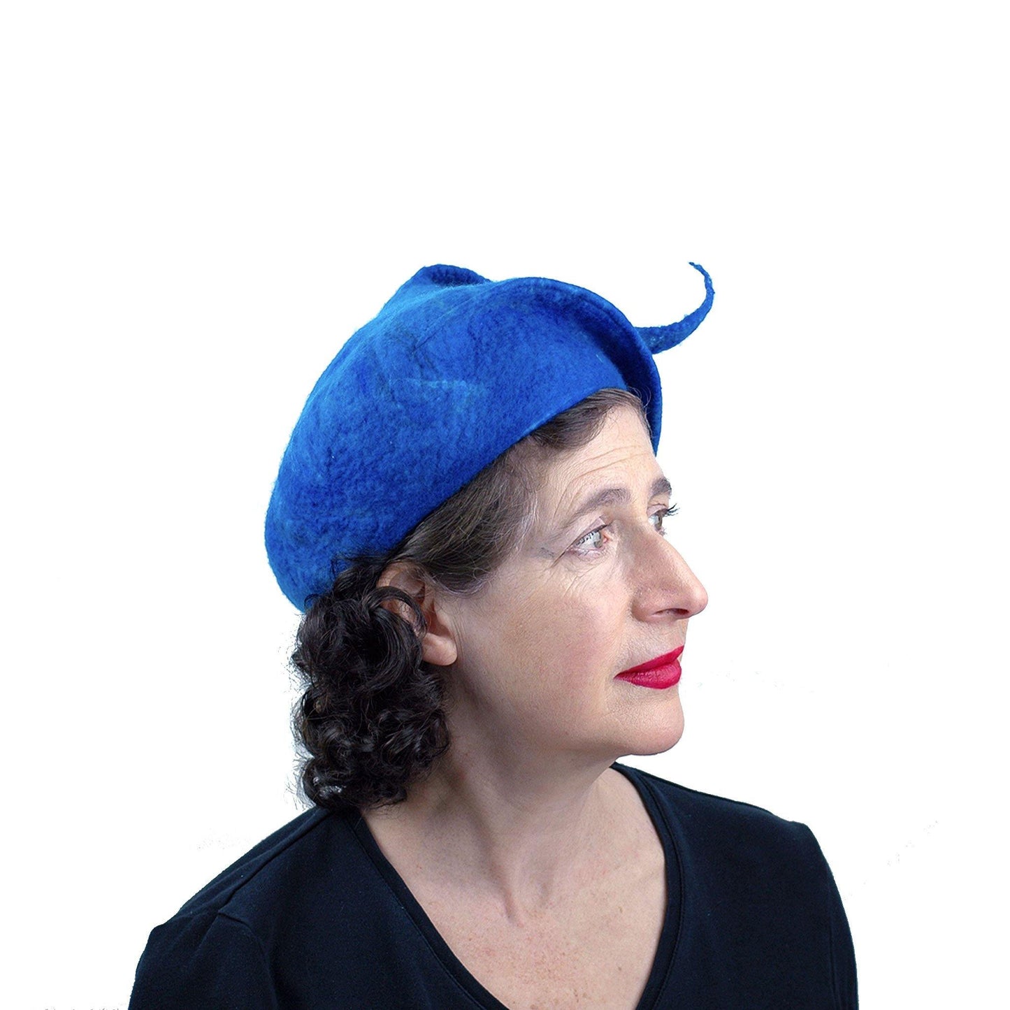 Felted Blue Beret with Fishtail Bobble - side view