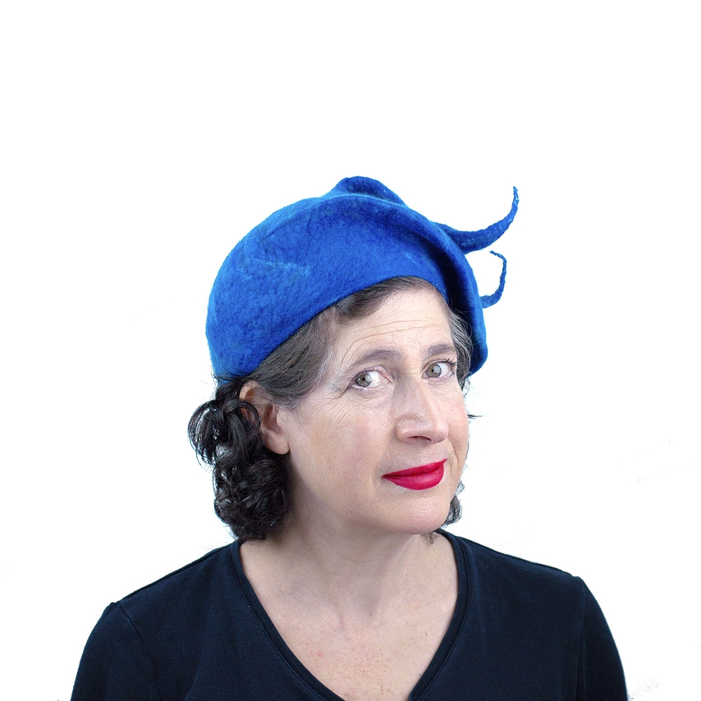 Felted Blue Beret with Fishtail Bobble - threequarters view