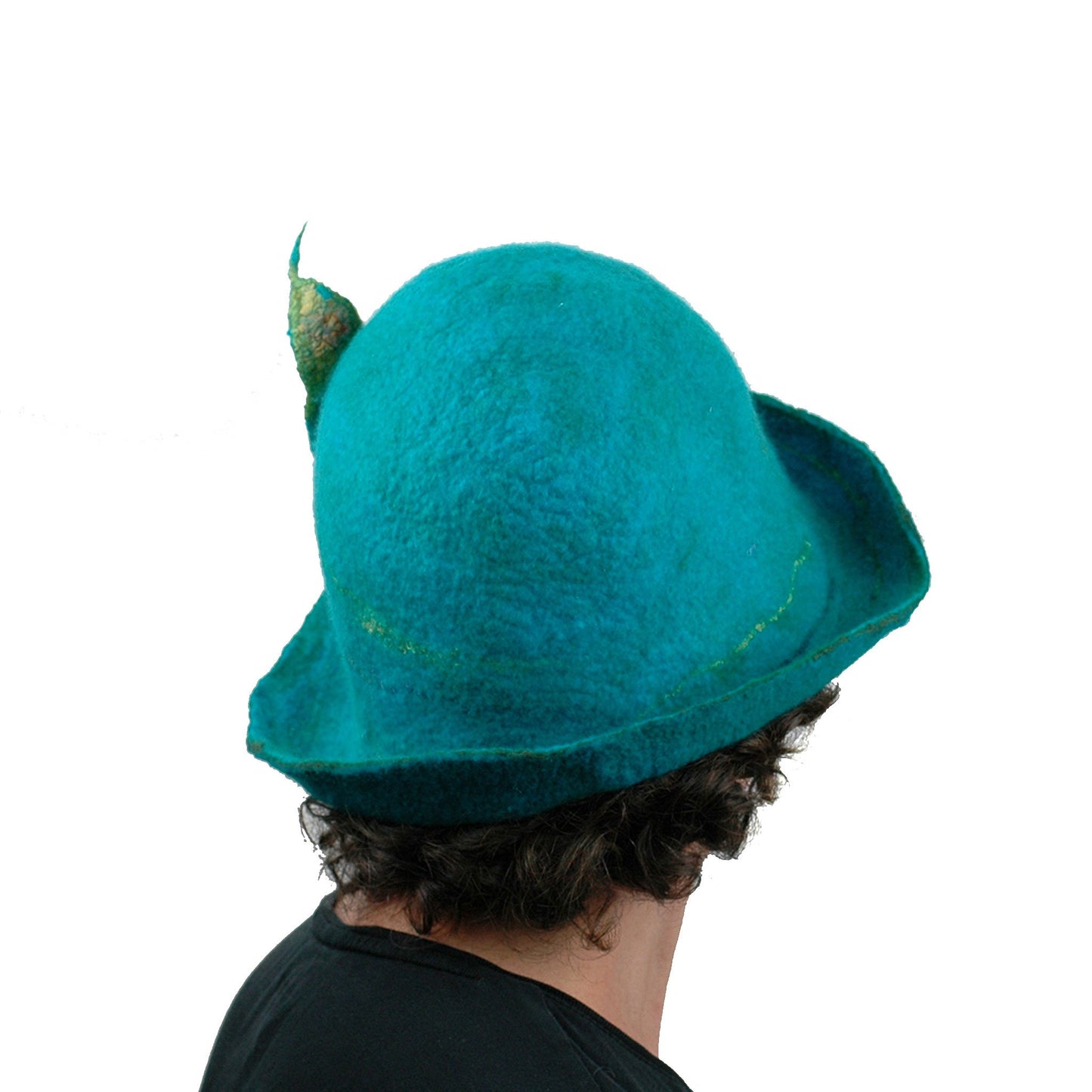 Felted Turquoise Blue Bowler with Stylized Peacock Feather - back view