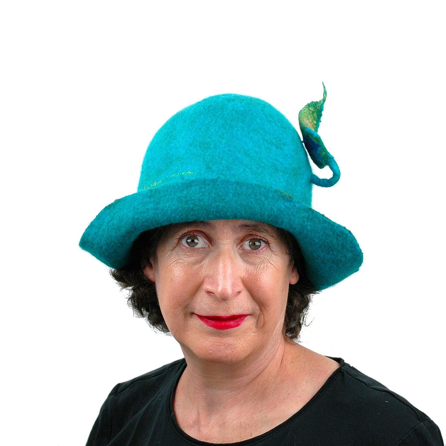 Felted Turquoise Blue Bowler with Stylized Peacock Feather - front view