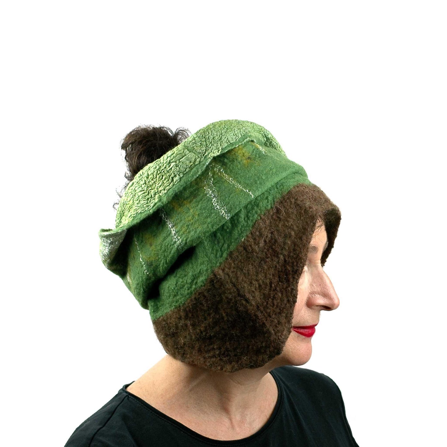 Felted Kiwi Neck Cowl worn as Headdress with Earflaps for a different look.