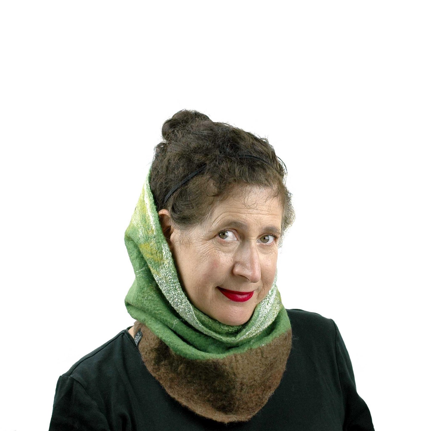 Felted Kiwi Neck Cowl wornup so head emerges from it like a turtle.