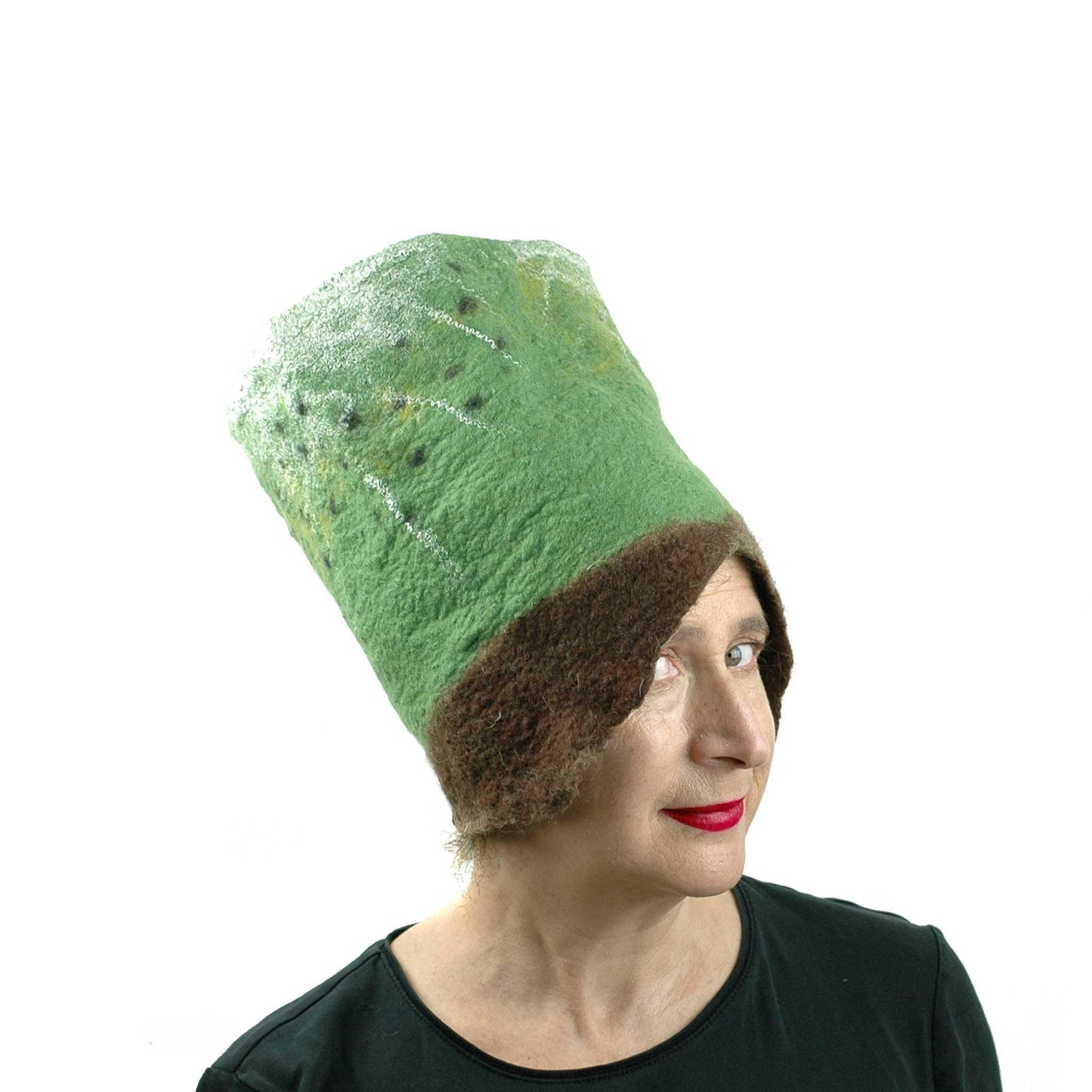 Felted Kiwi Neck Warmer worn as queenly headdress.