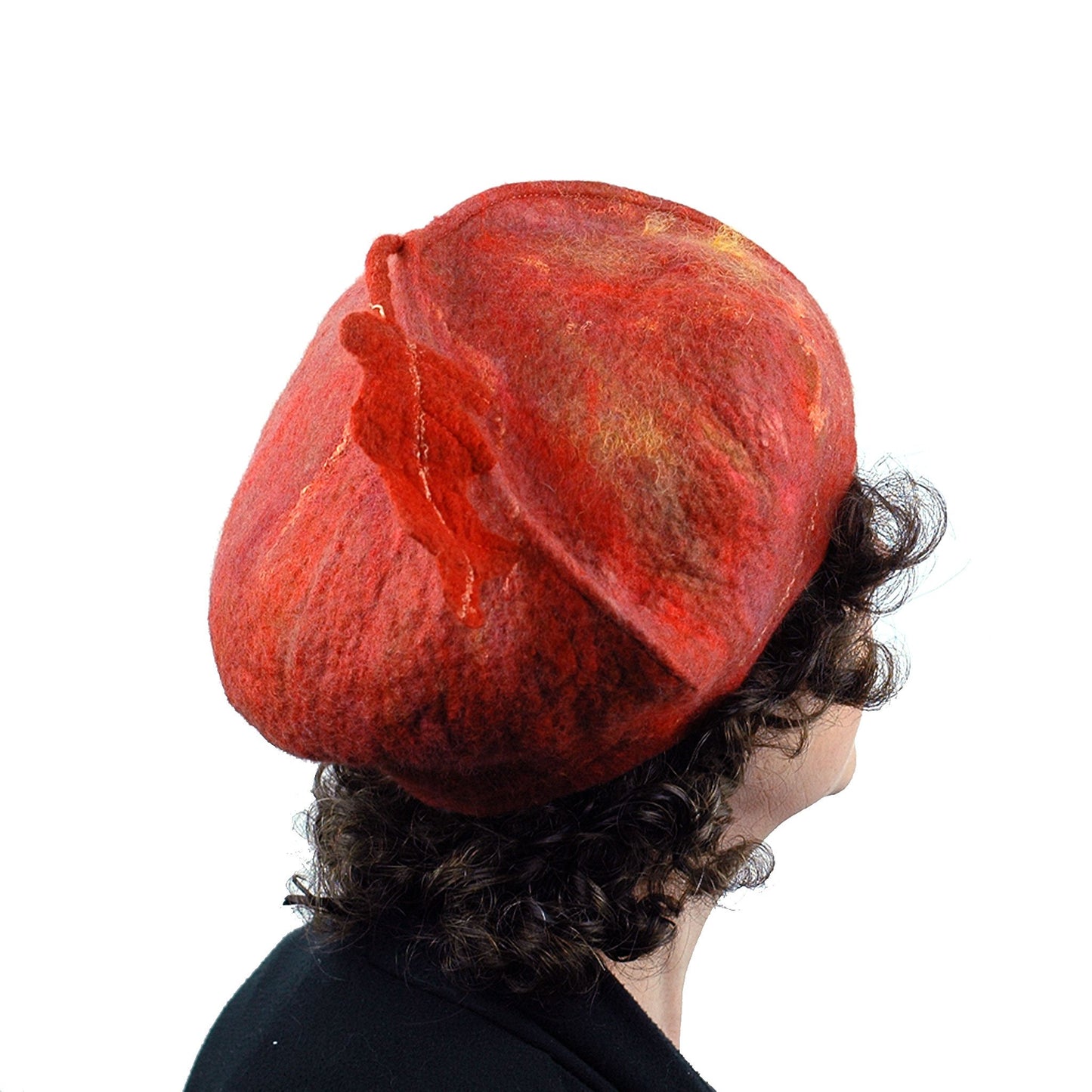 Orange Felted Beret with Oakleaf -backview