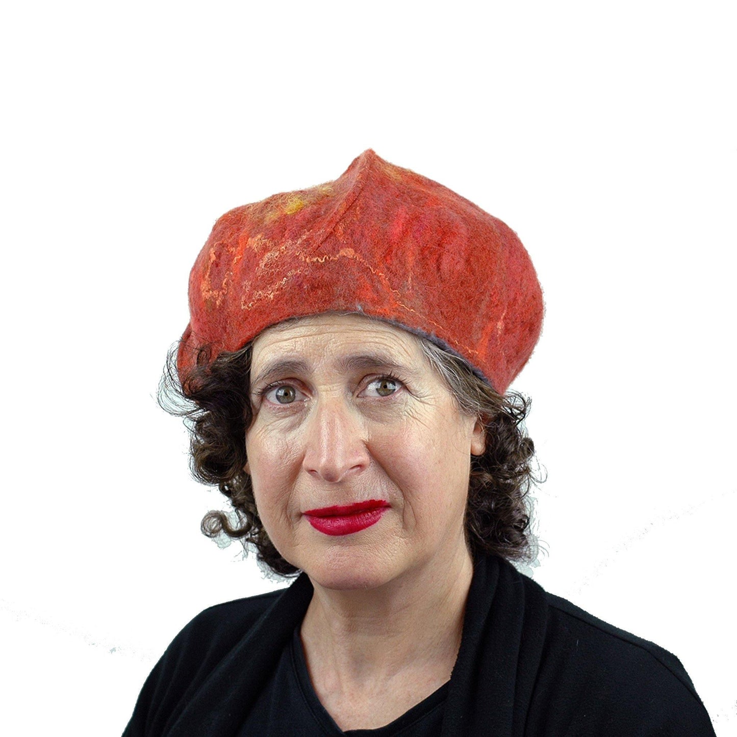 Orange Felted Beret with Oakleaf -frontview