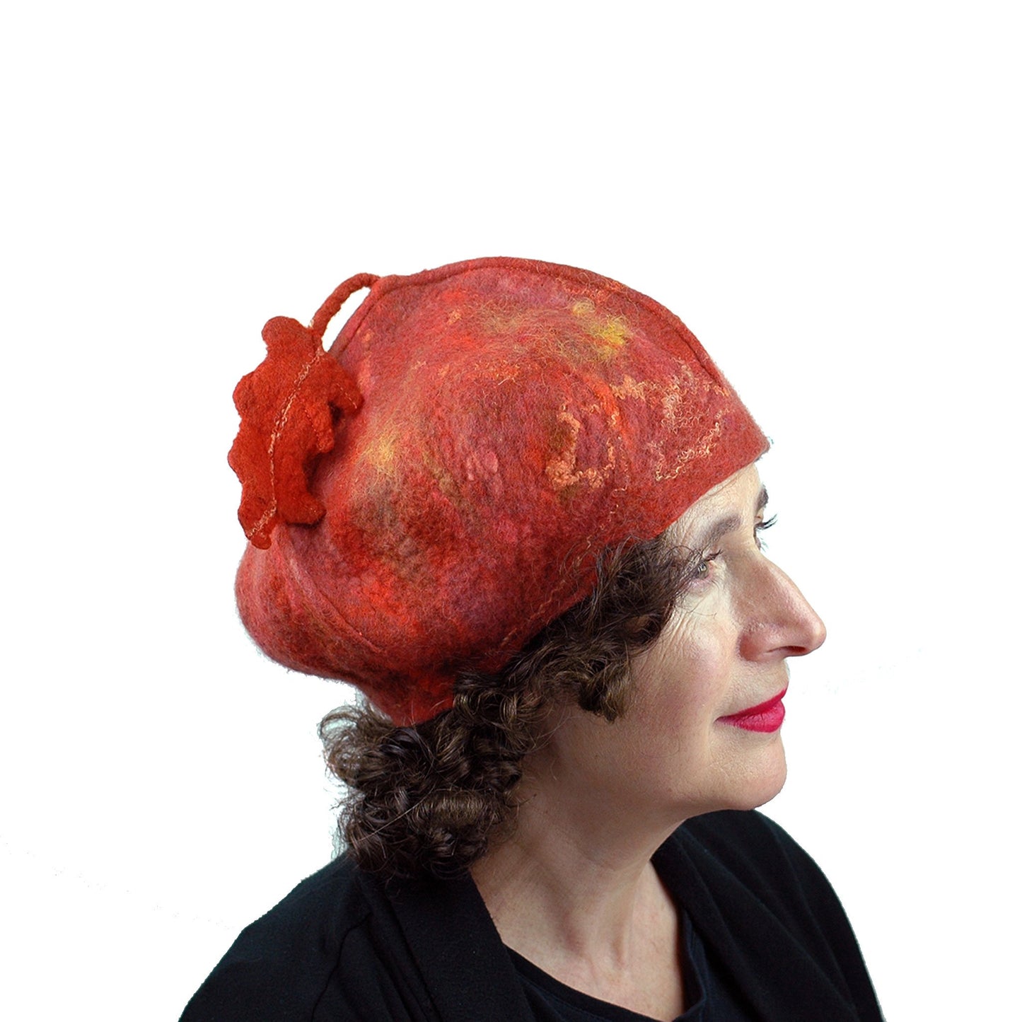 Orange Felted Beret with Oakleaf - sideview