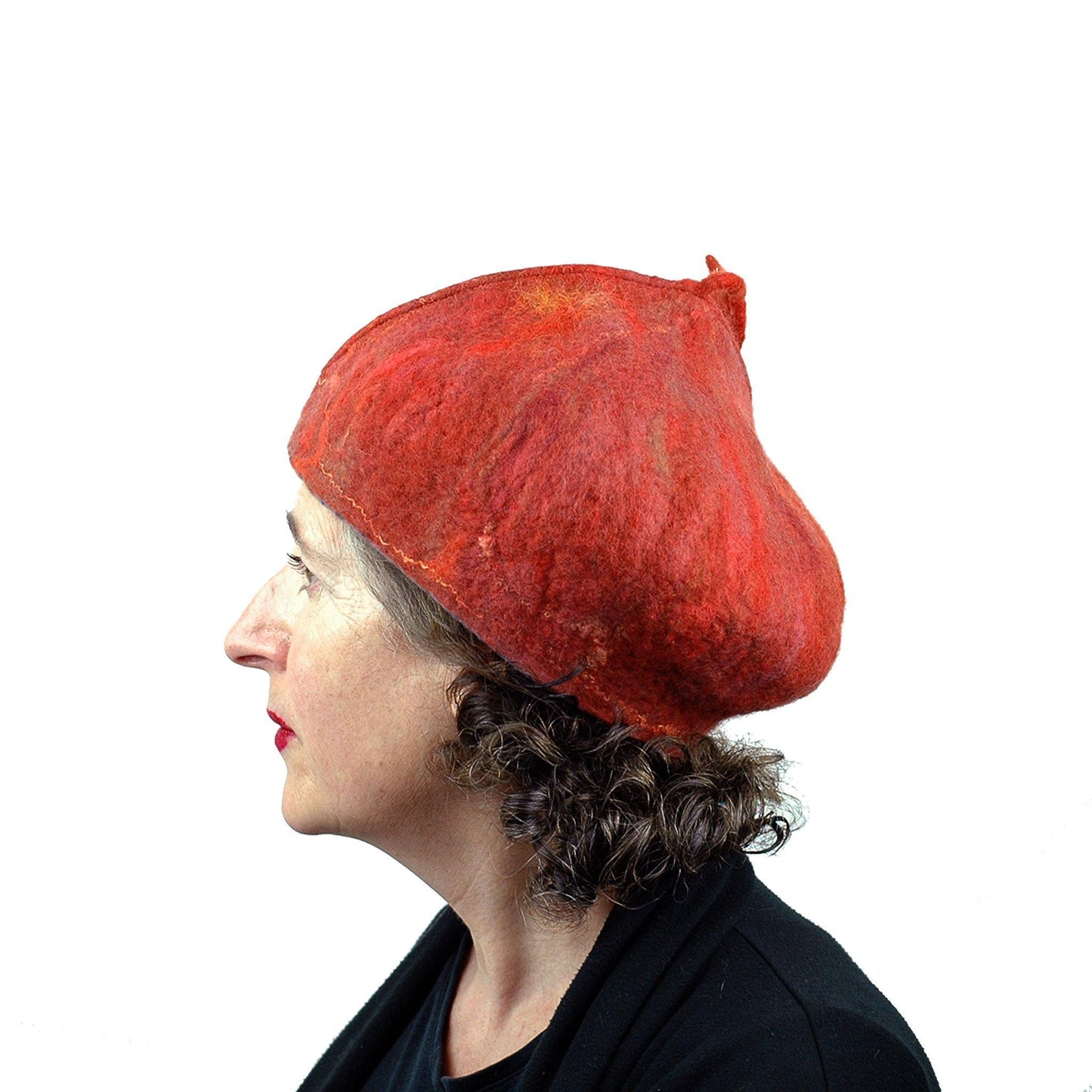 Orange Felted Beret with Oakleaf - sideview