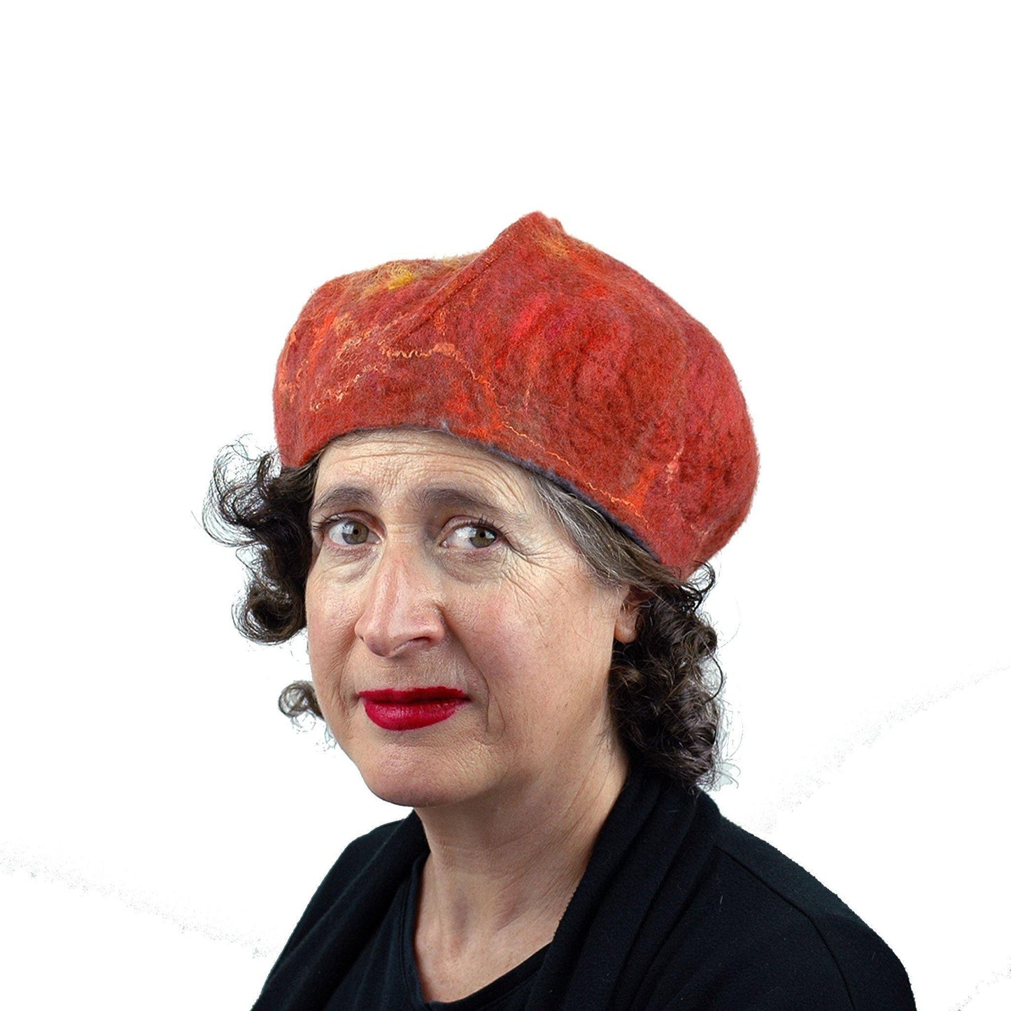 Orange Felted Beret with Oakleaf -threequartersview