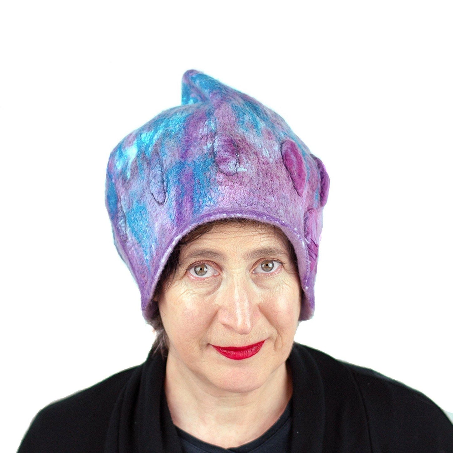 Felted Pixie Cloche in Purple and Turquoise - front view