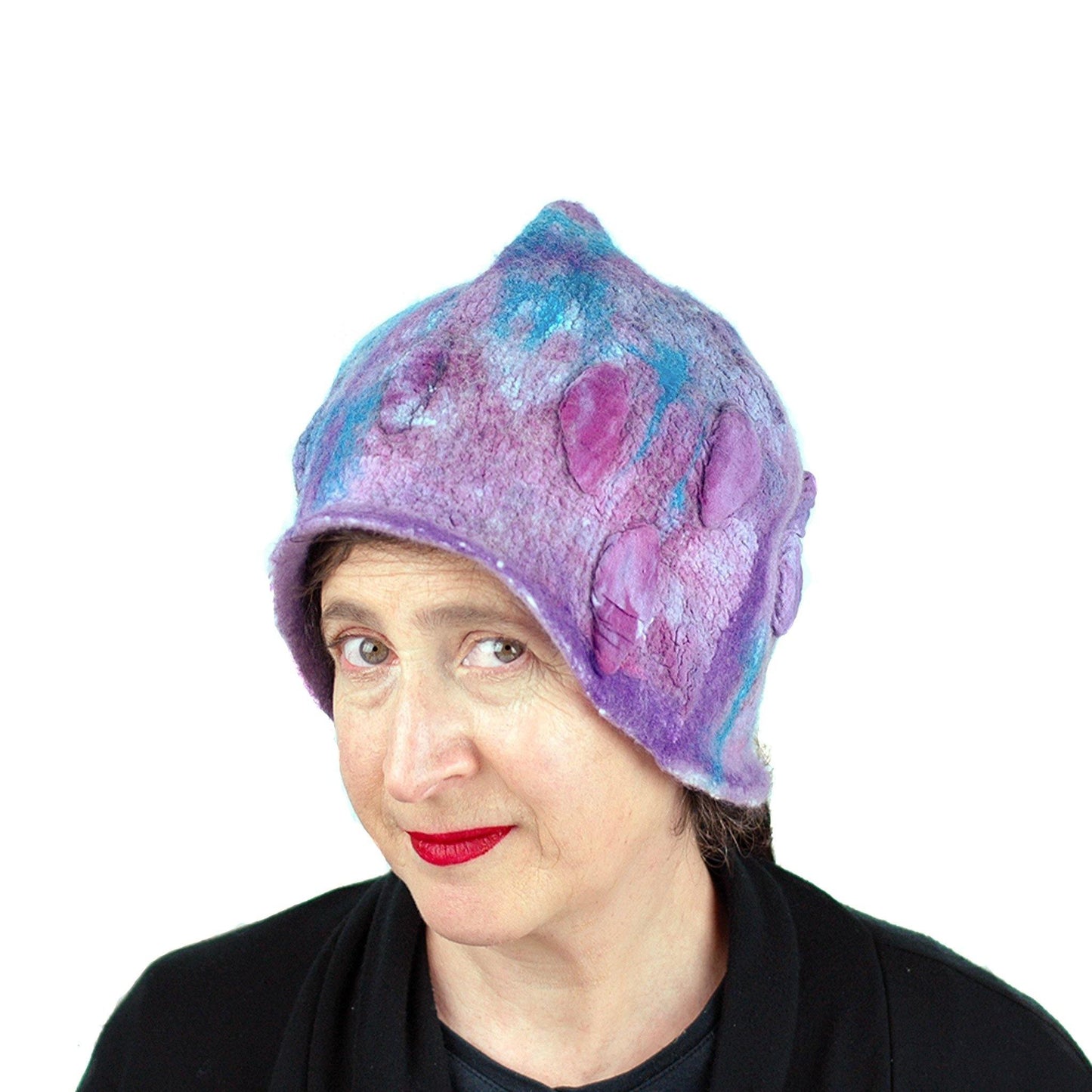 Felted Pixie Cloche in Purple and Turquoise - three quarters view