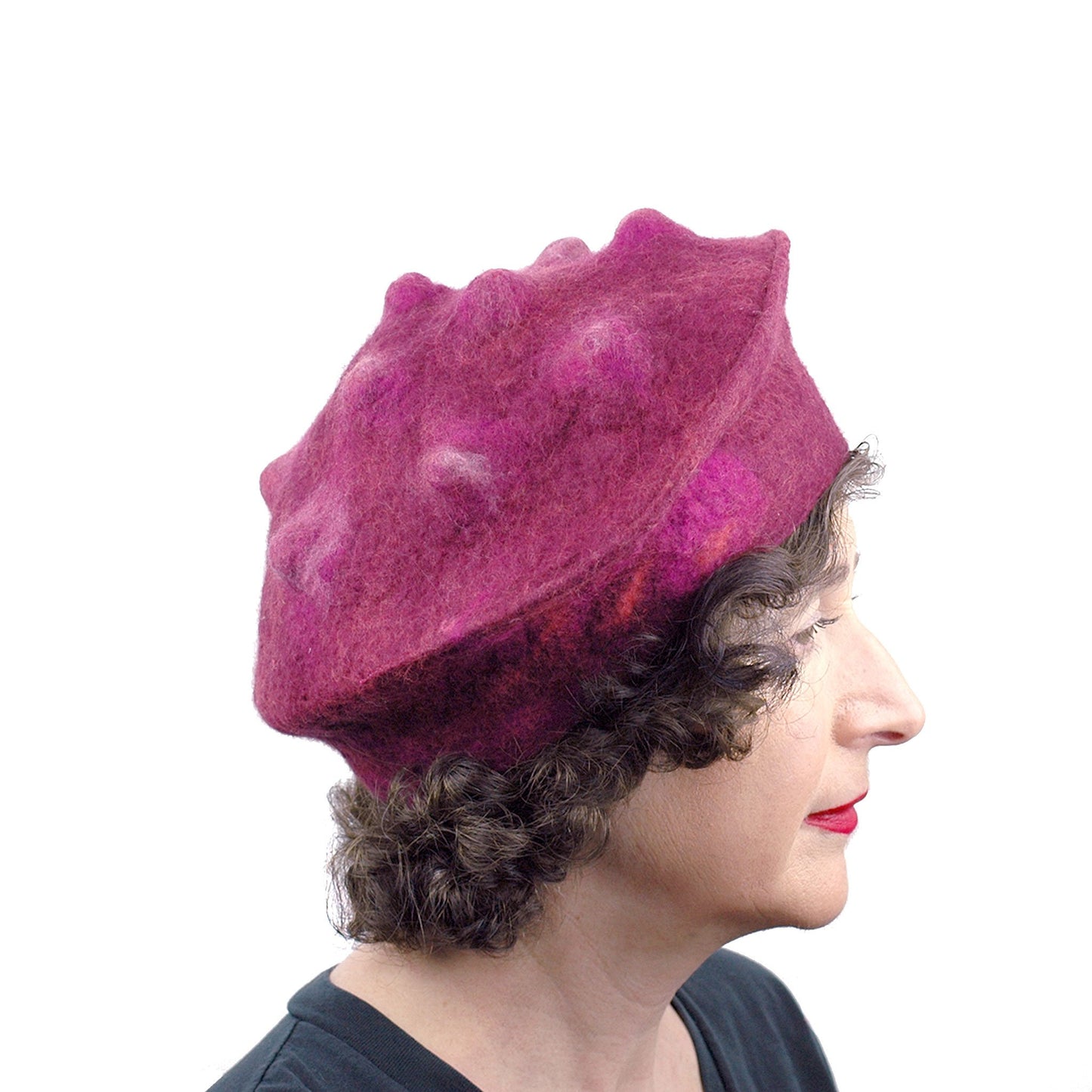 Felted Raspberry Beret - side view