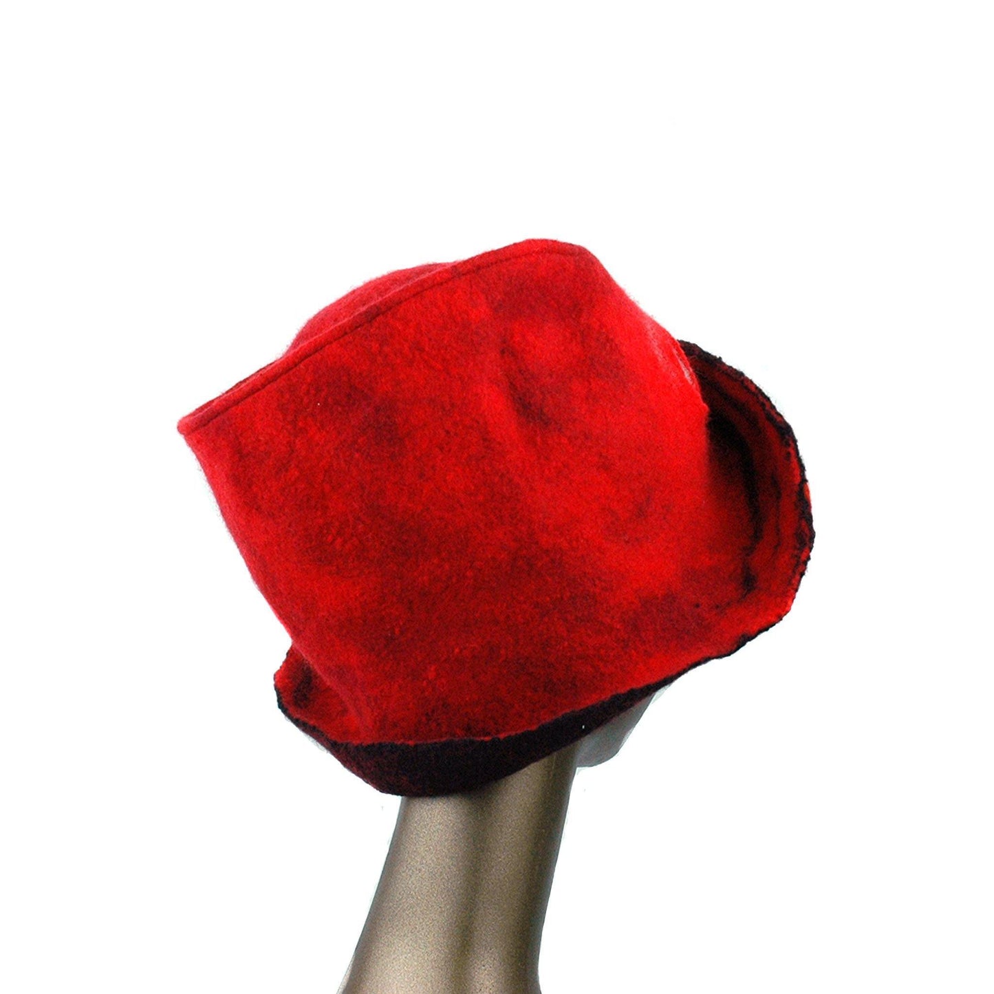 Felted Red and Black Fedora with Geometric Pattern - back view