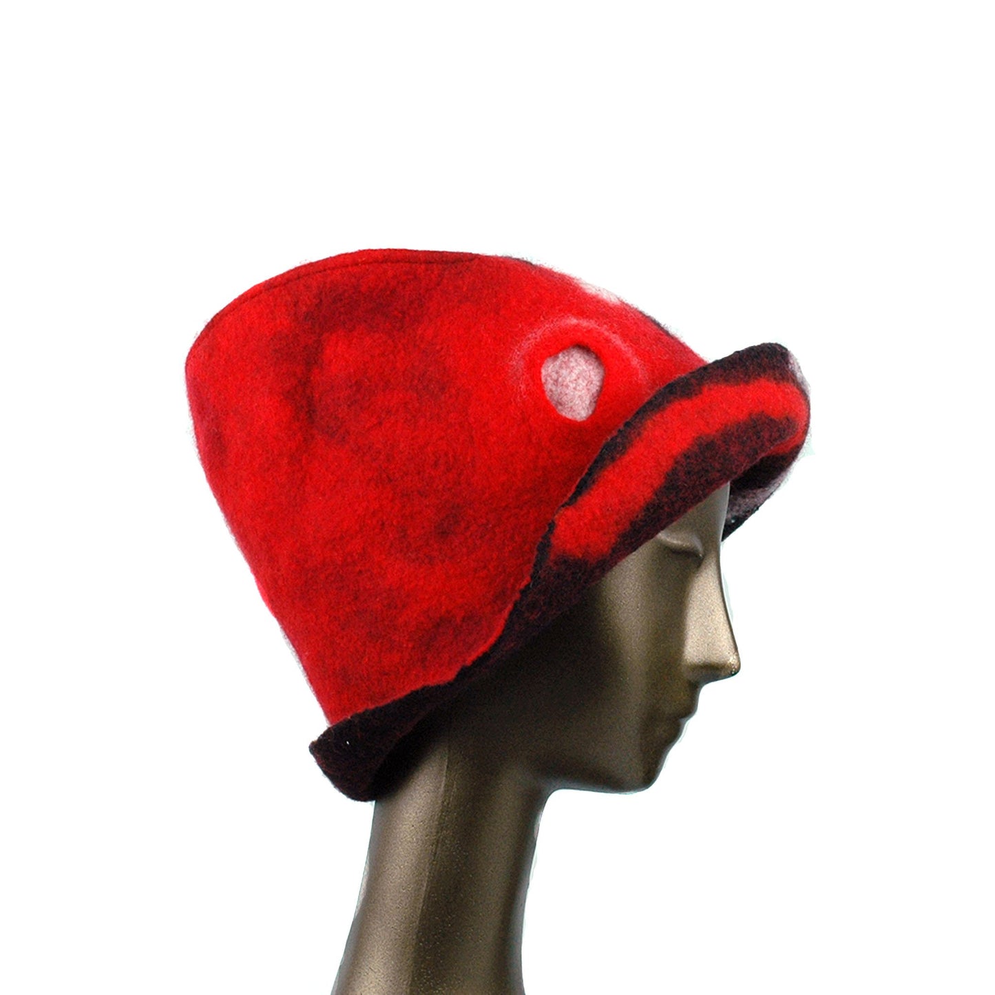 Felted Red and Black Fedora with Geometric Pattern - side view