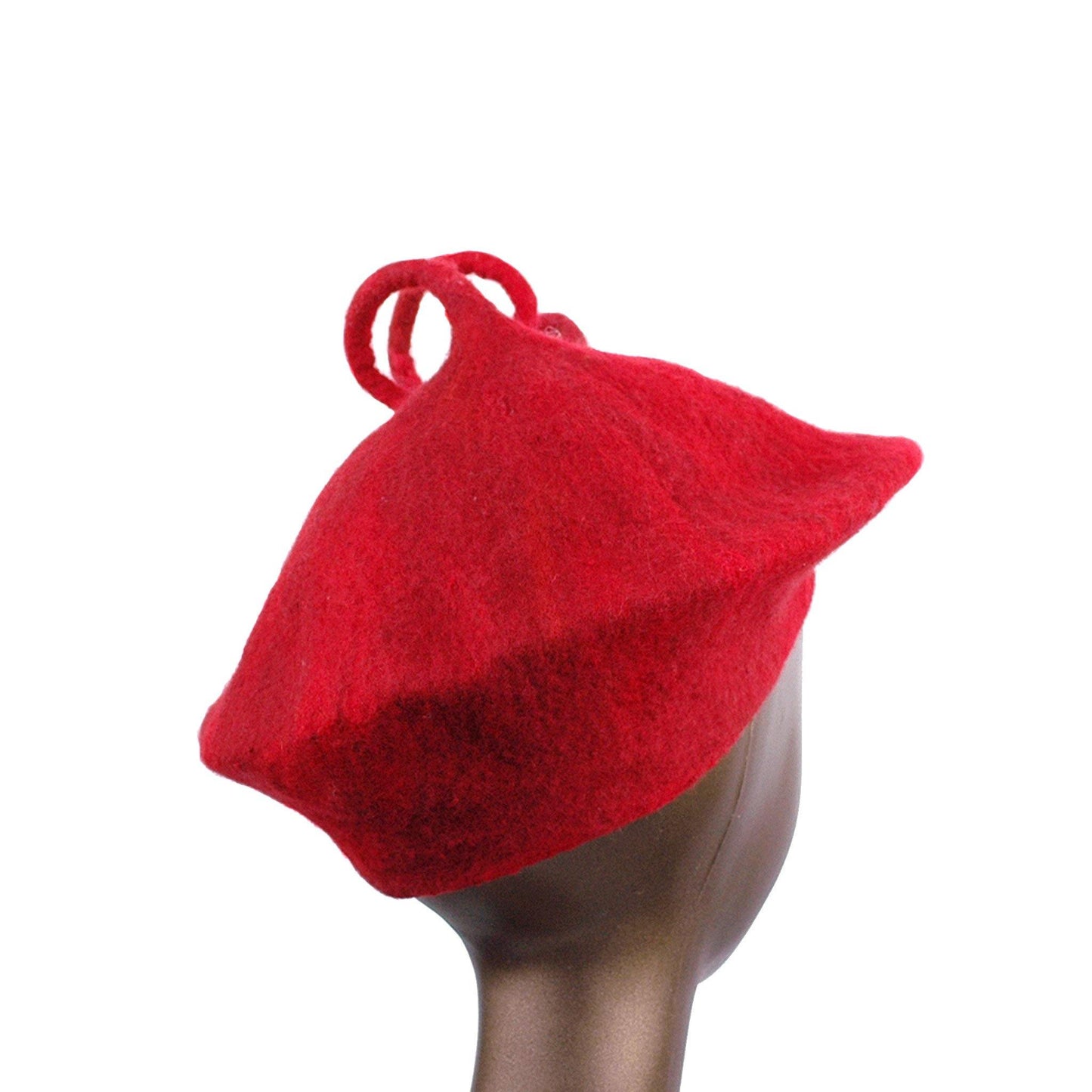 Felted Red Beret with Long Curlicue - back view