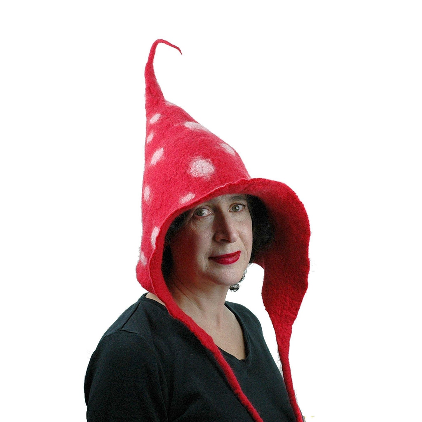 Felted Red Mushroom Pixie Hood - threequarters view