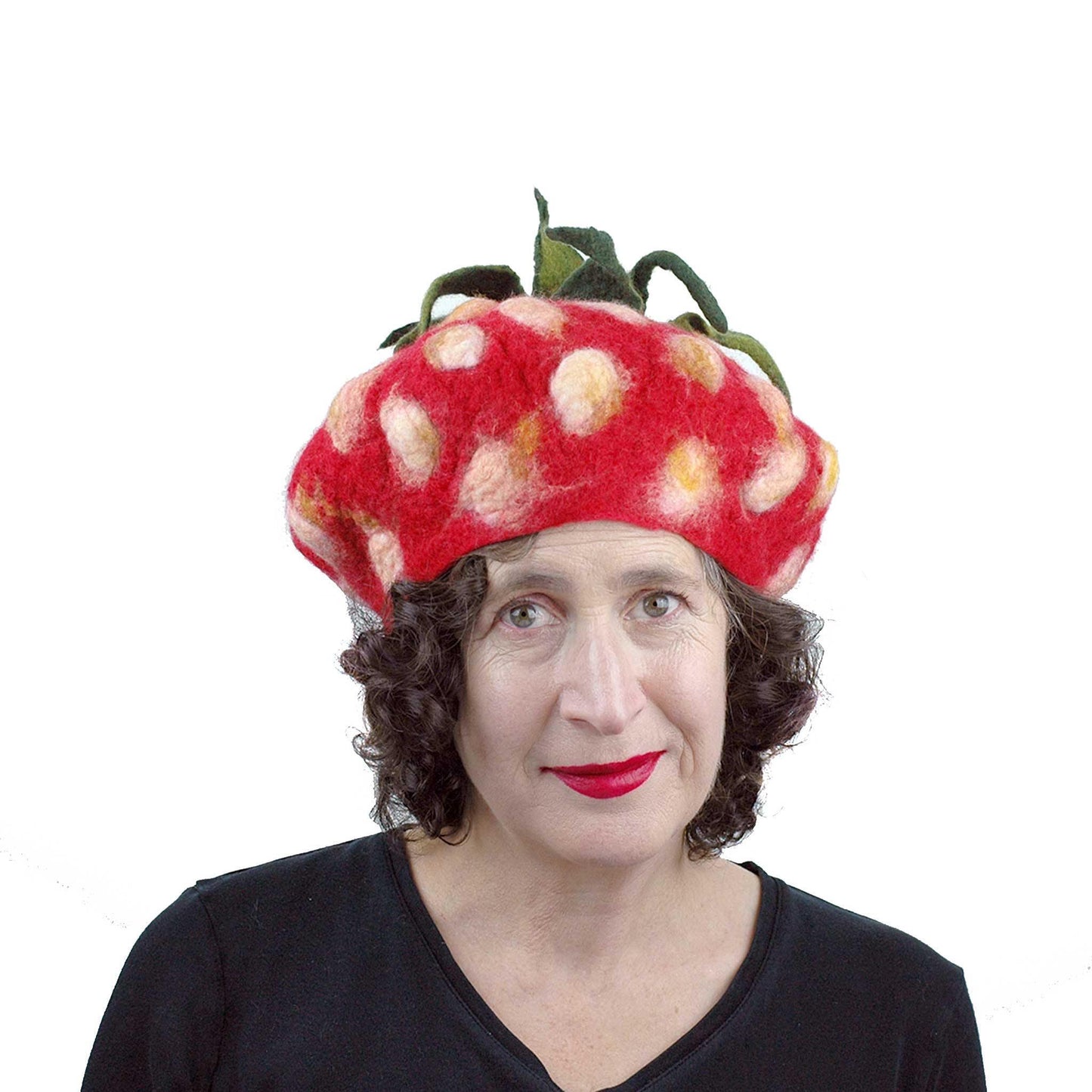 Felted Strawberry Beret with Leafy Stem - front view