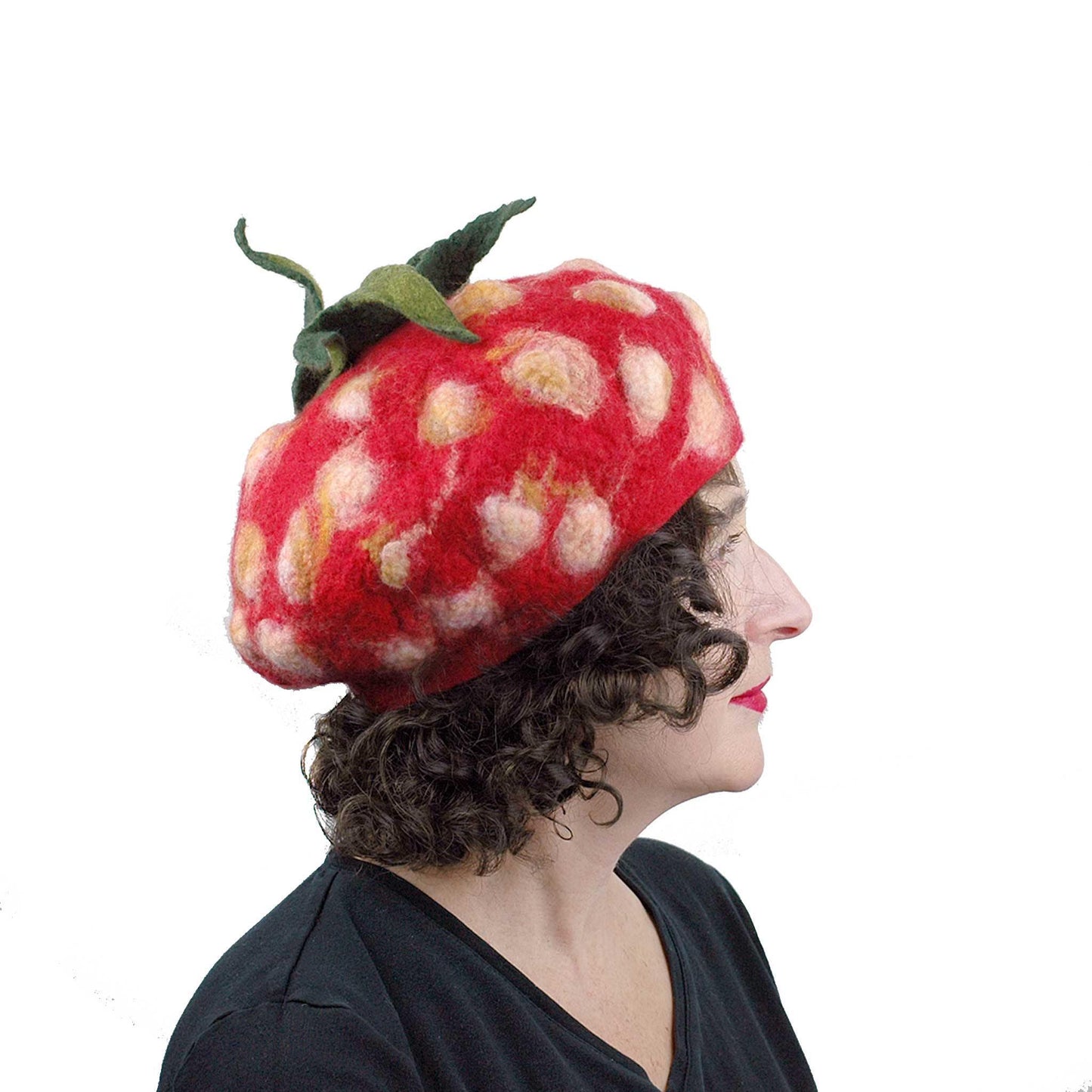 Felted Strawberry Beret with Leafy Stem - side view