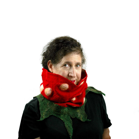 Felted Strawberry Cowl Infinity Scarf worn around neck.