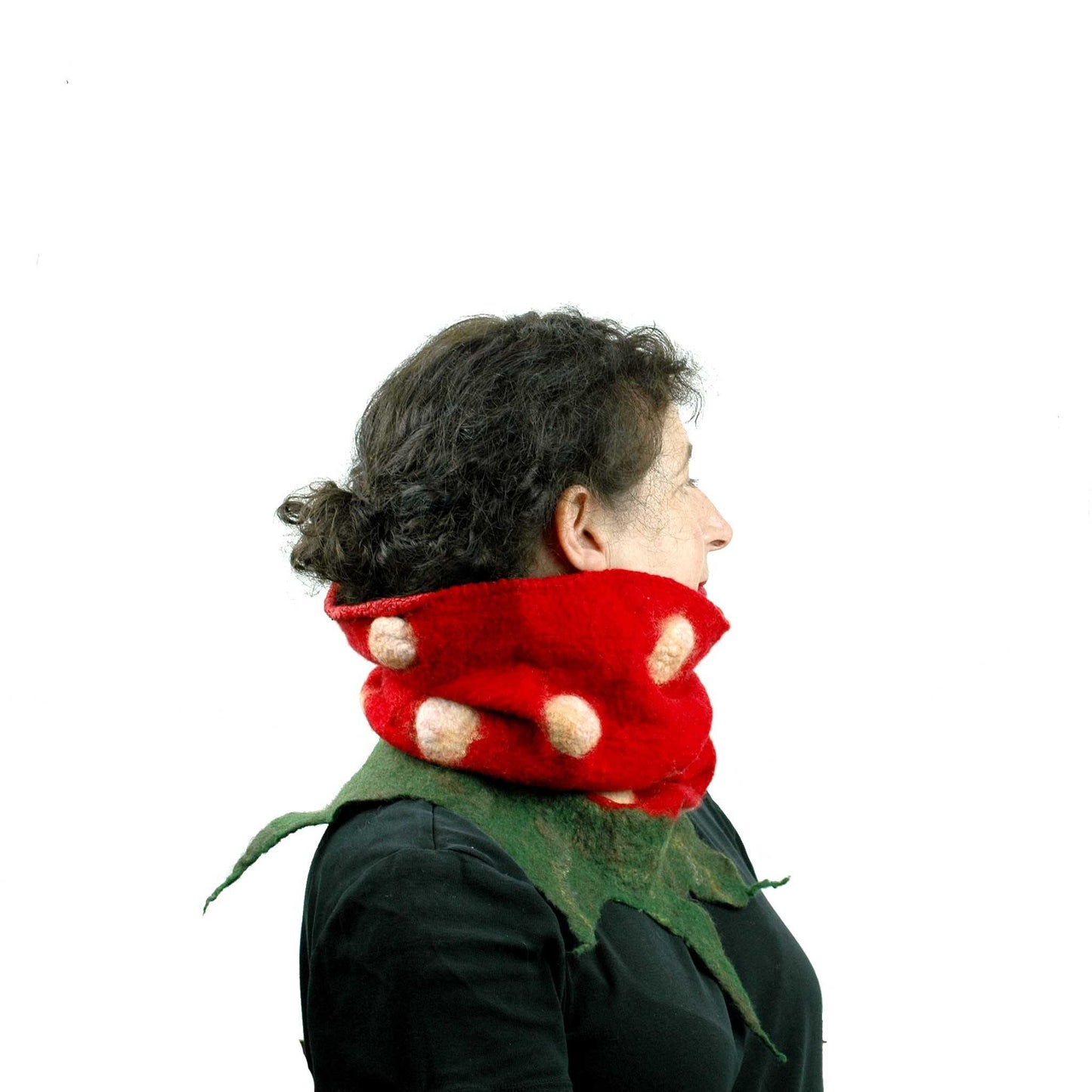 Felted Strawberry Cowl Infinity Scarf worn around neck.