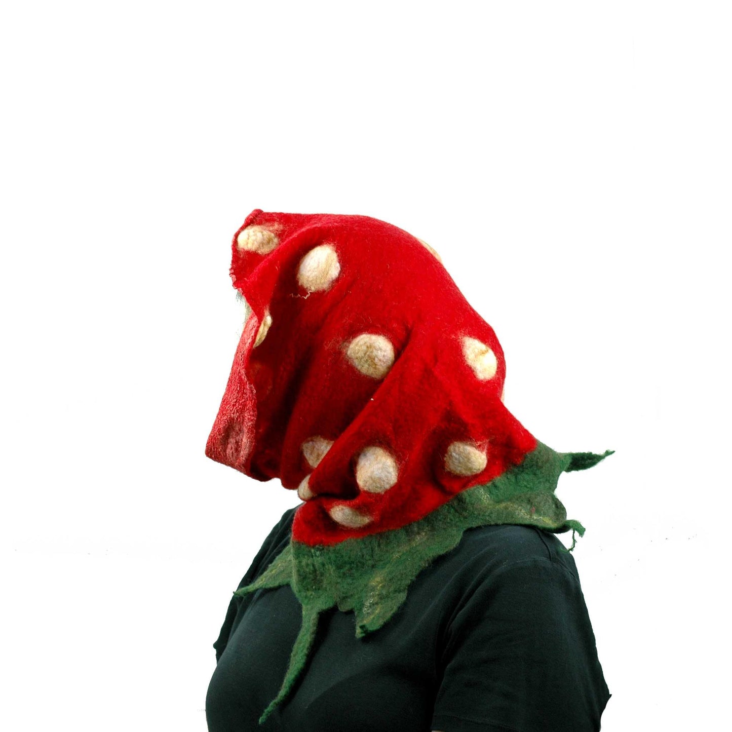 Felted Strawberry Cowl Infinity Scarf worn in the style of a Russian Babushka, over the head.