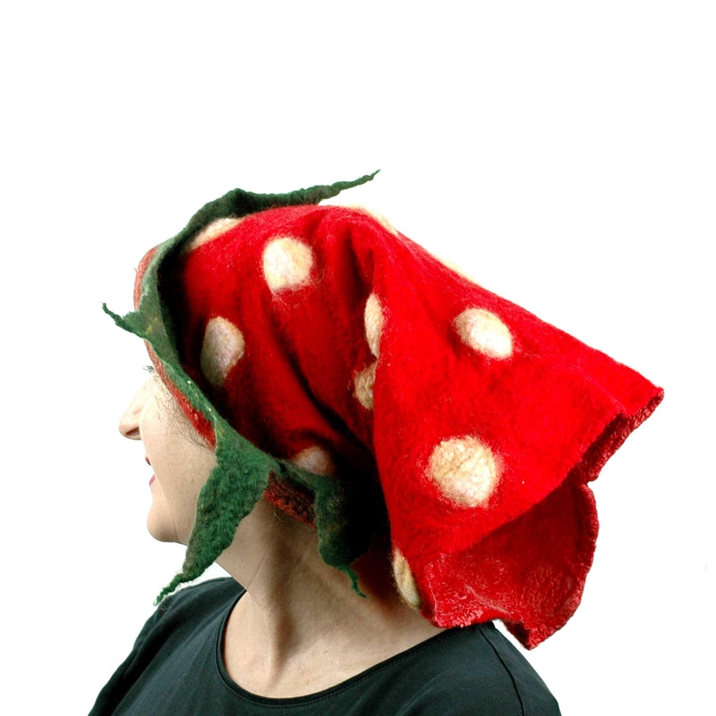 Felted Strawberry Cowl Infinity Scarf worn like a bandanna.