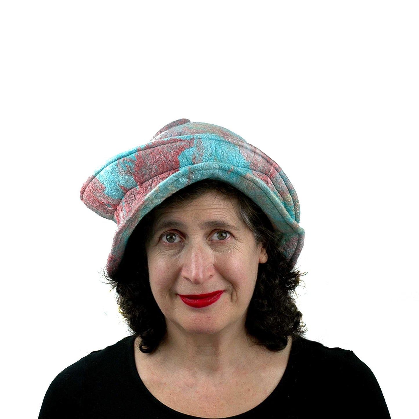 Felted Wearable Art Hat in Coral and Turquoise - front view