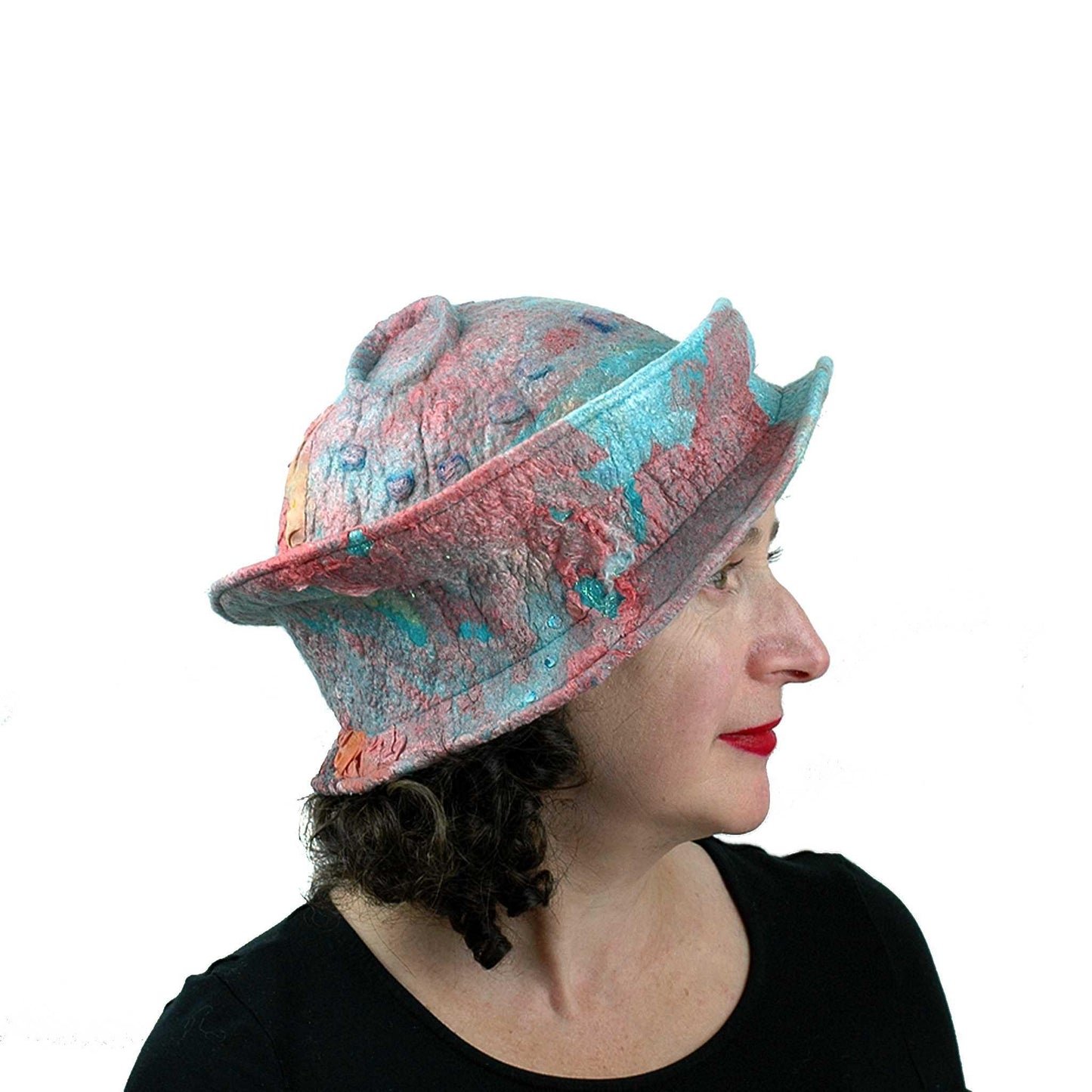 Felted Wearable Art Hat in Coral and Turquoise - side view