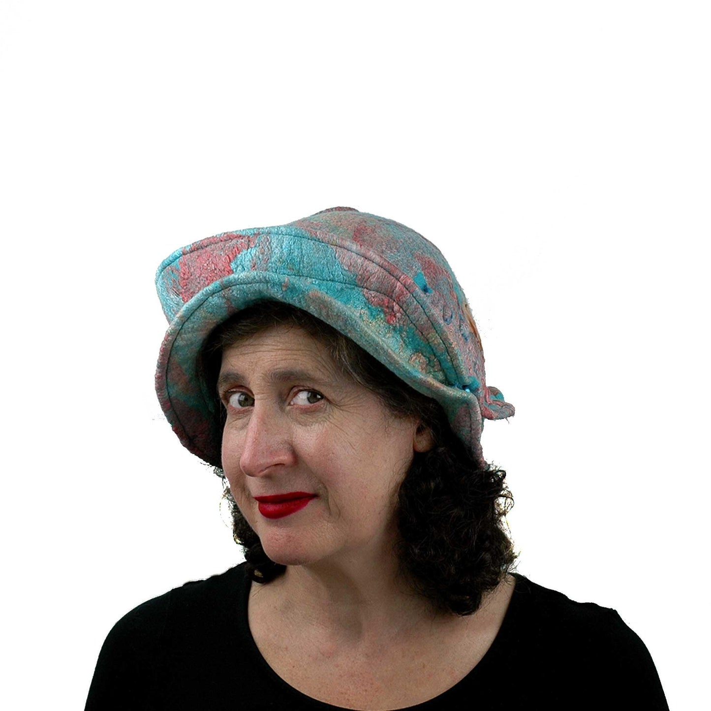 Felted Wearable Art Hat in Coral and Turquoise - threequarters view