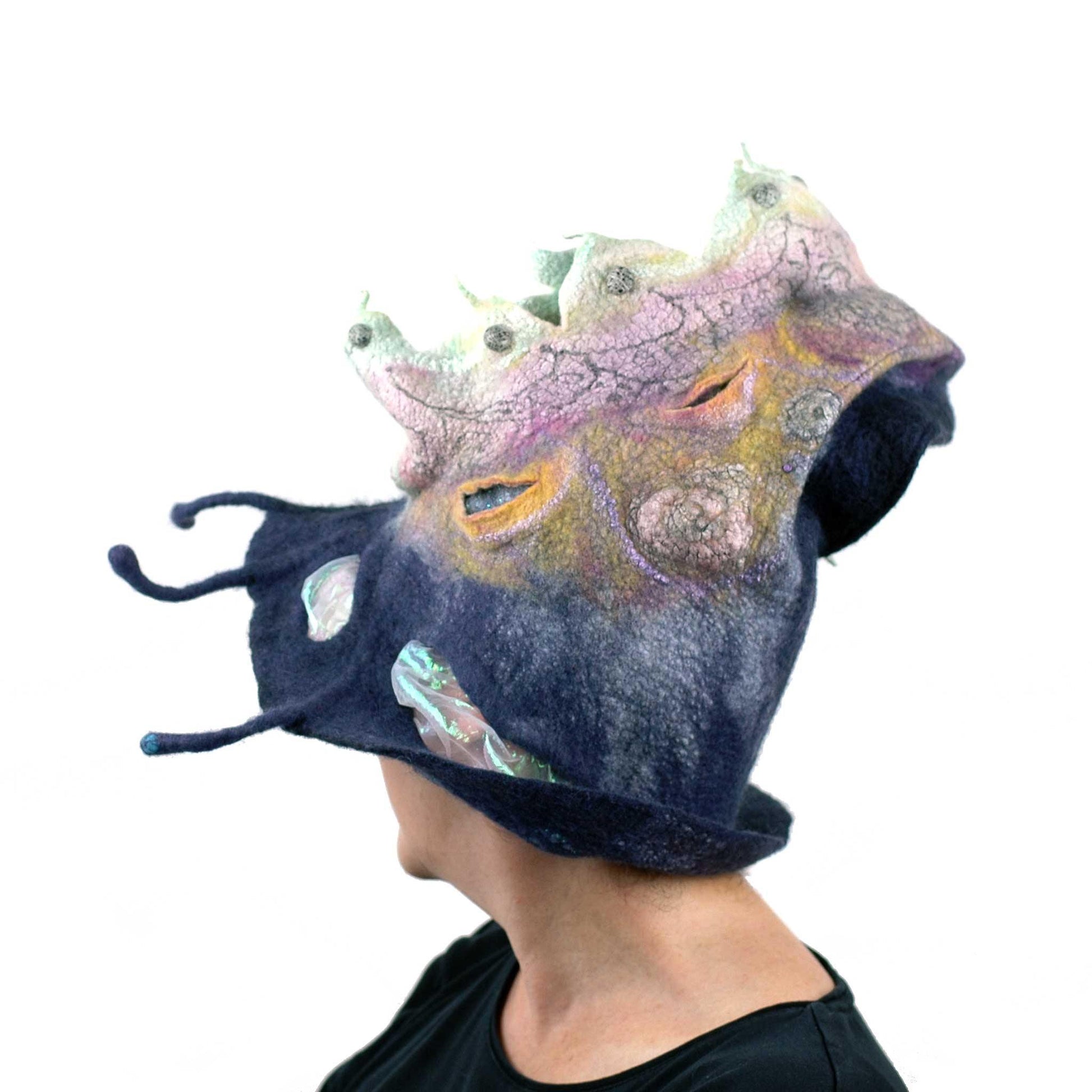 Felted Witch Hat with Rainbow Dragon - side view