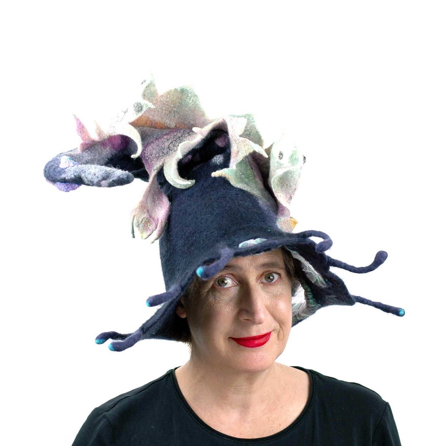 Felted Witch Hat with Rainbow Dragon - front view