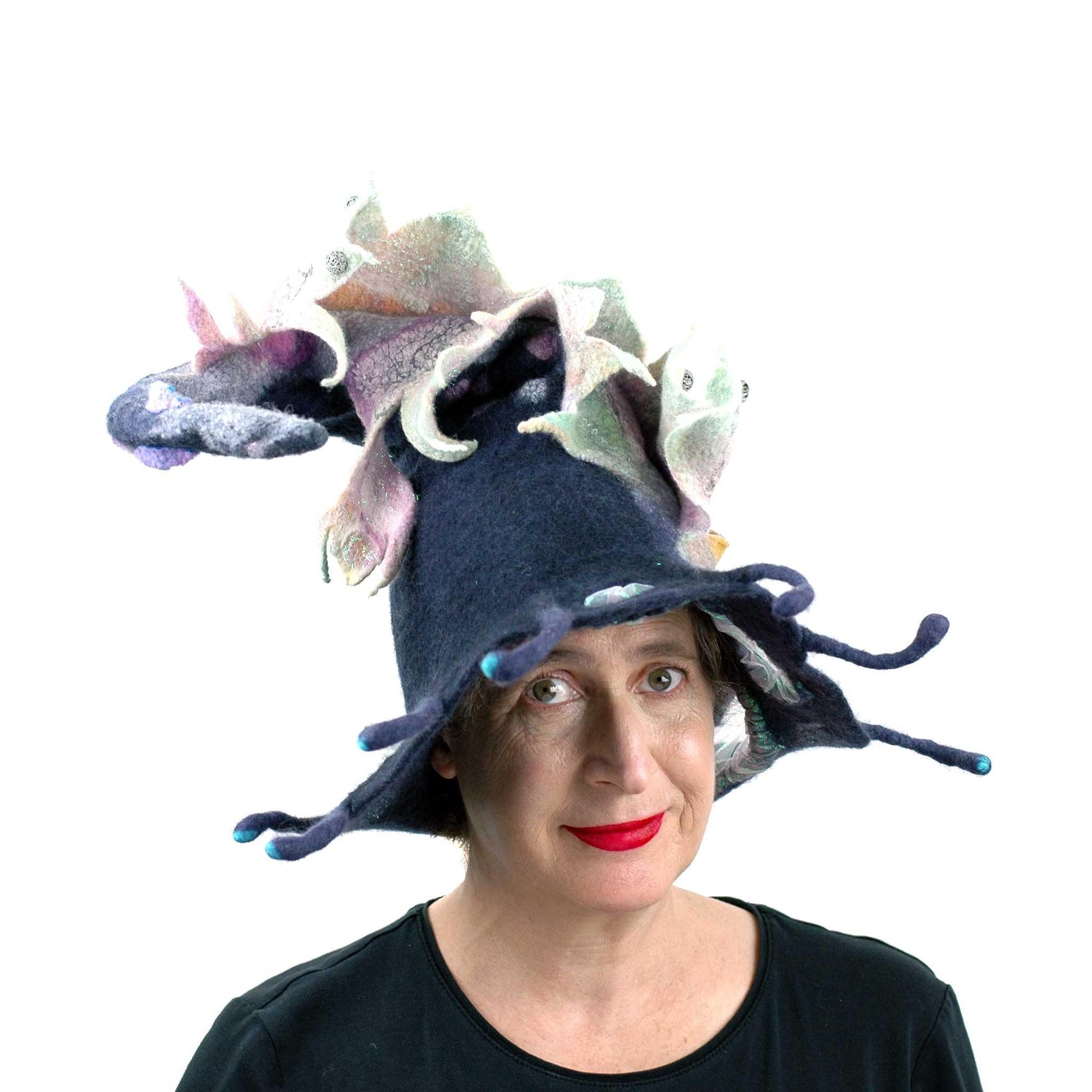 Felted Witch Hat with Rainbow Dragon - front view