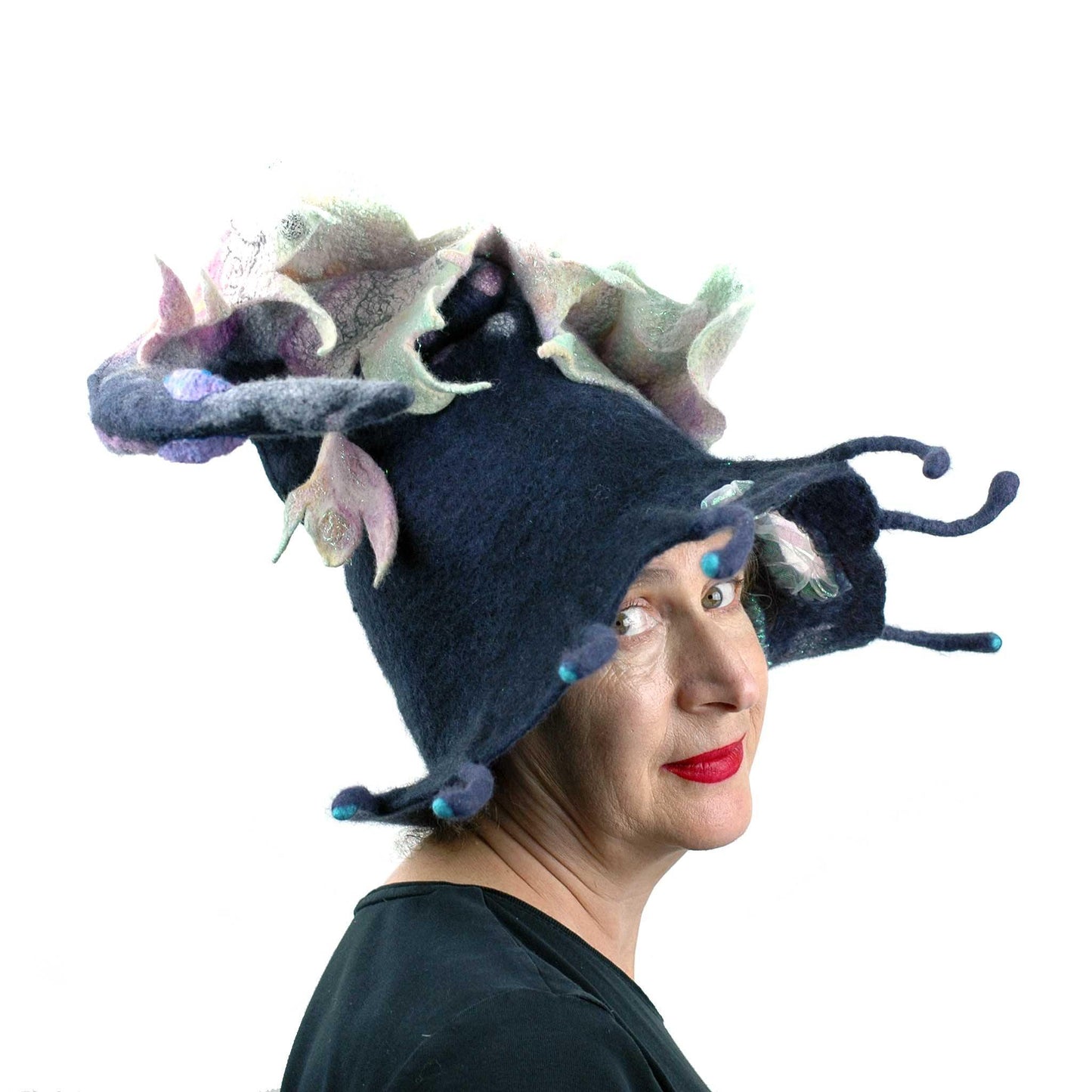 Felted Witch Hat with Rainbow Dragon - three quarters view