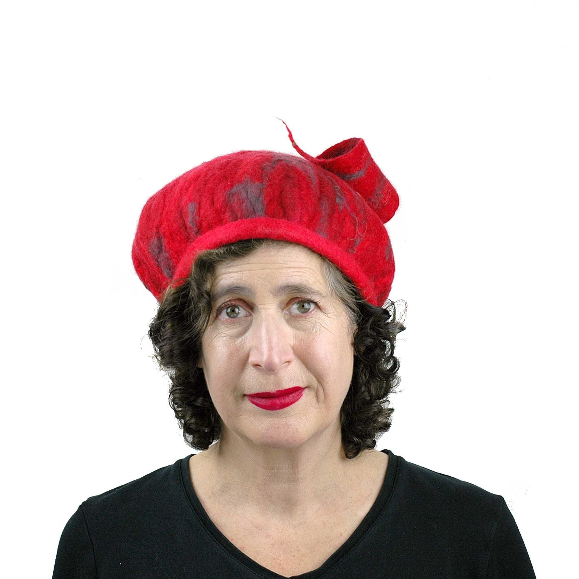 Fishtail Hat in Red with Gray Stripes - front view