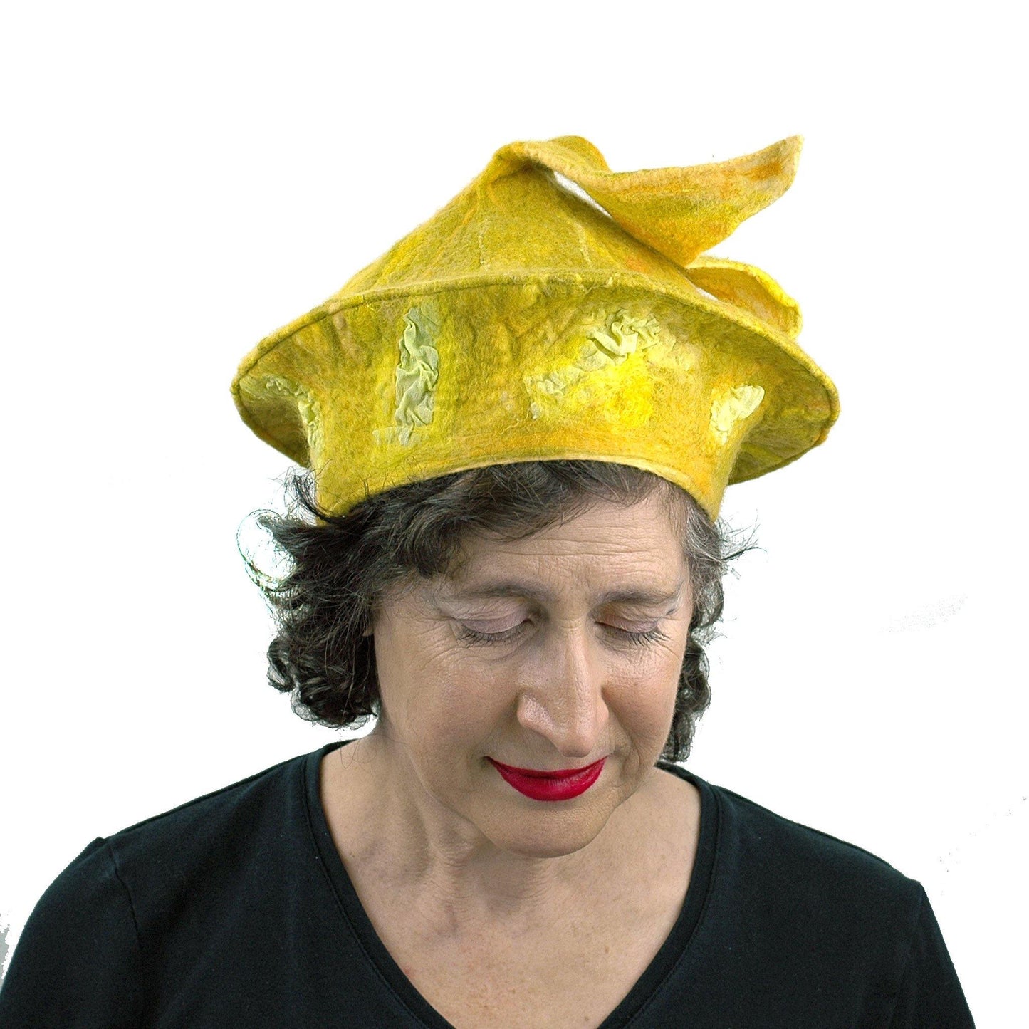 Fishtail Inspired Yellow Beret - front view looking down