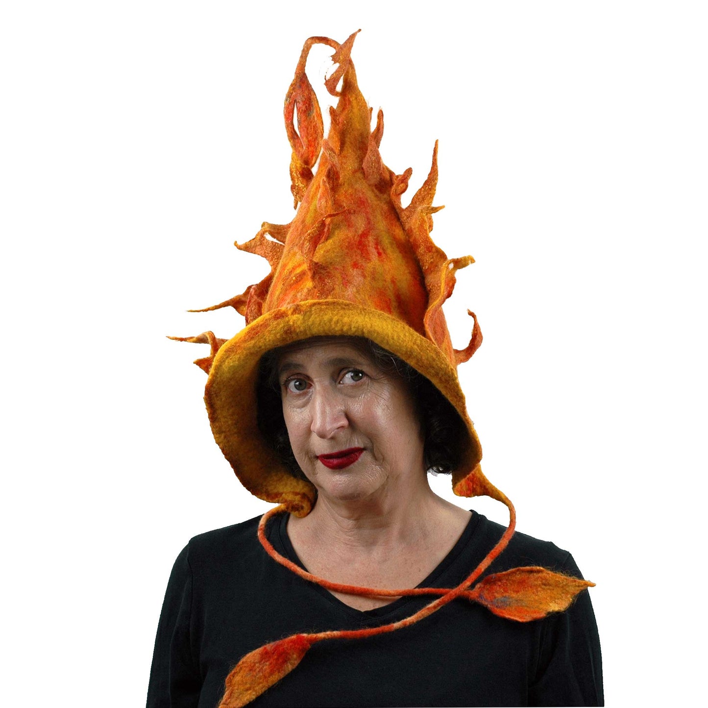 Flaming Orange Felted Pixie Hood - front view with ties fully visible