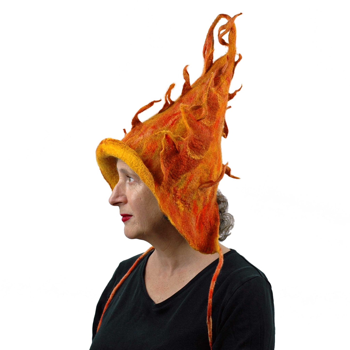 Flaming Orange Felted Pixie Hood - side view