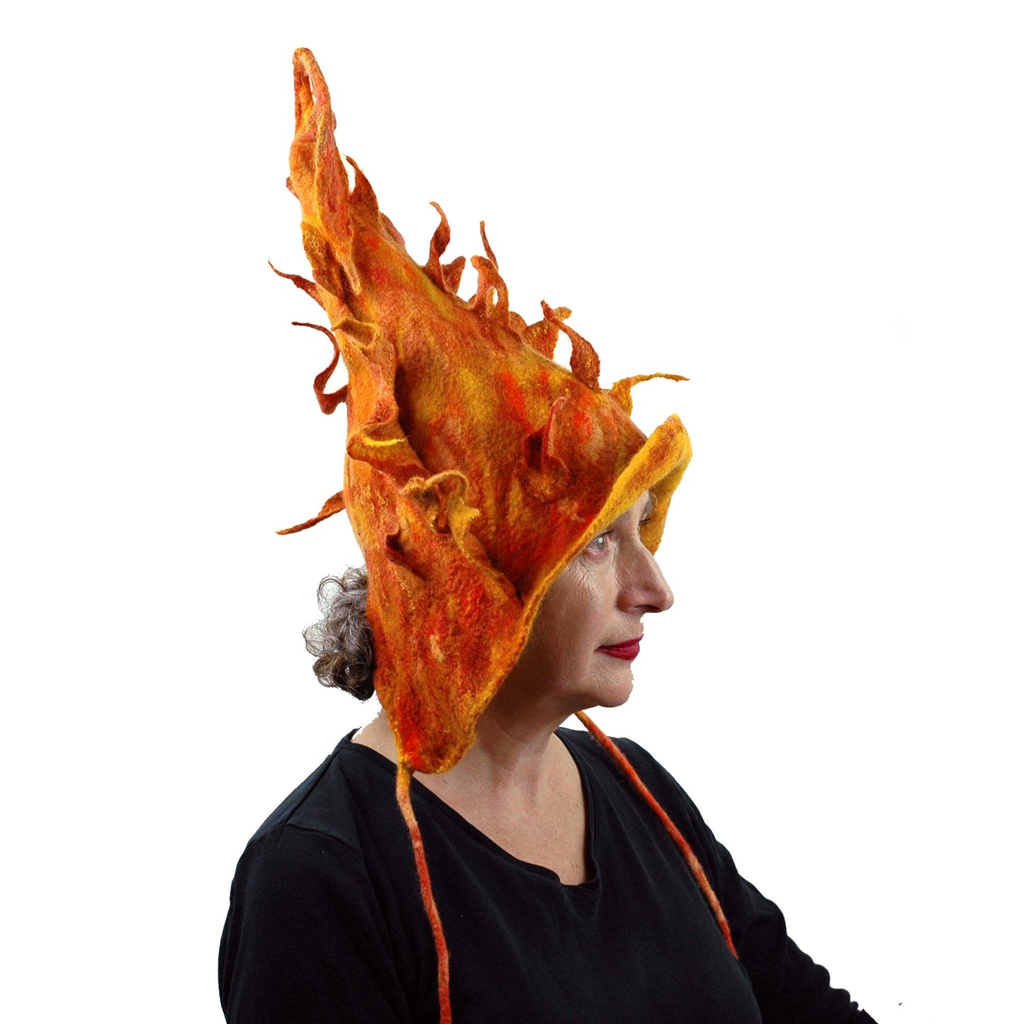 Flaming Orange Felted Pixie Hood - side view