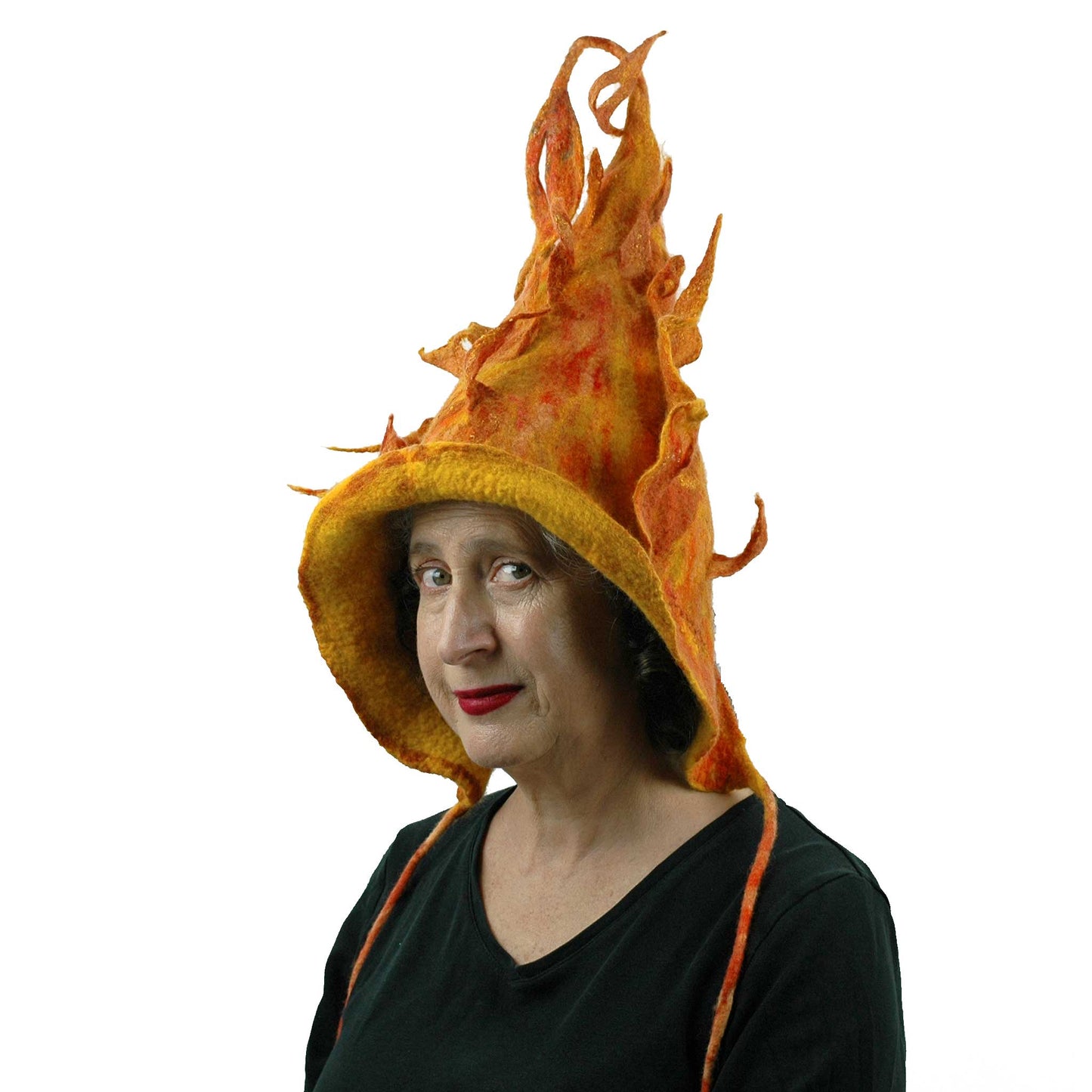 Flaming Orange Felted Pixie Hood - three quarters view