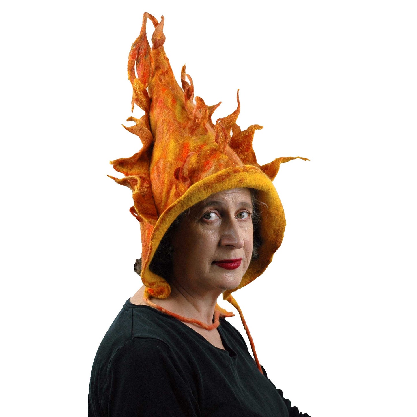 Flaming Orange Felted Pixie Hood - threequarters view
