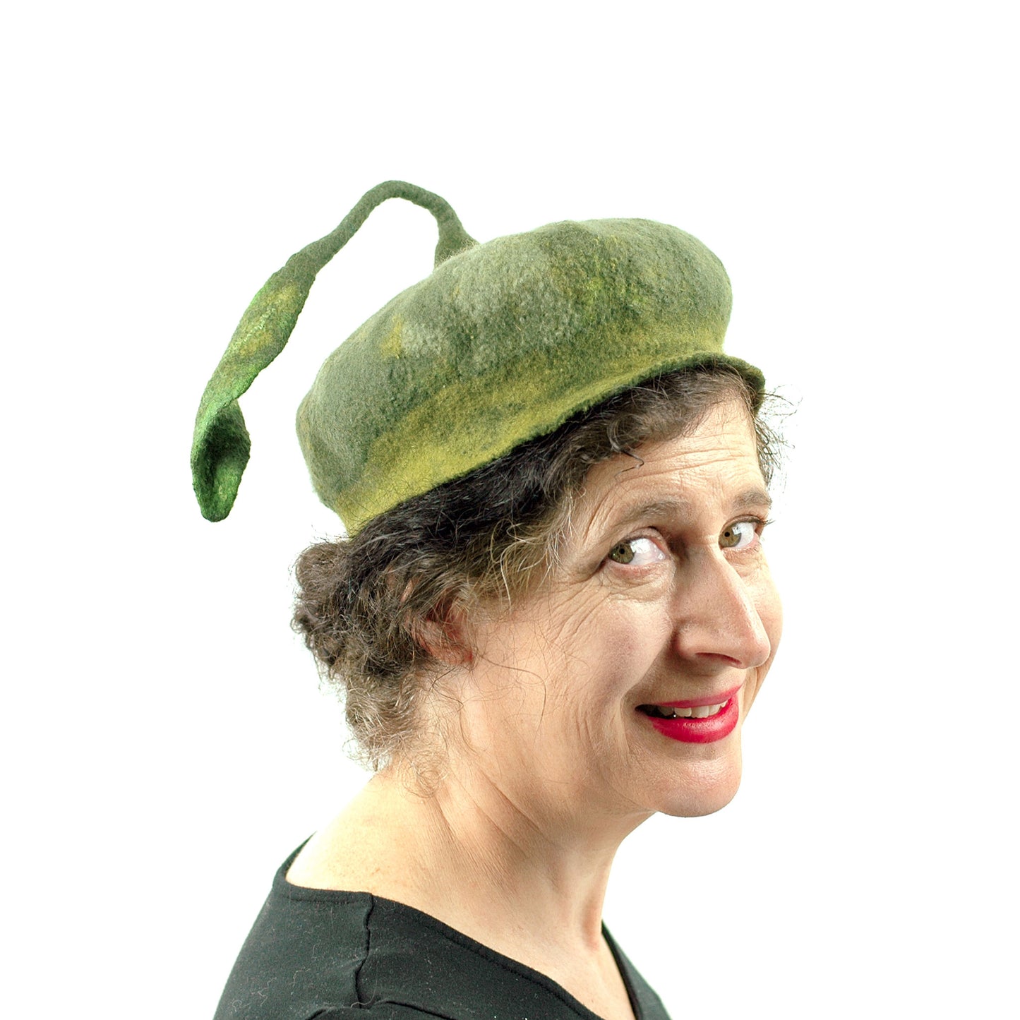 Forest Green Beret with Leaf - side view
